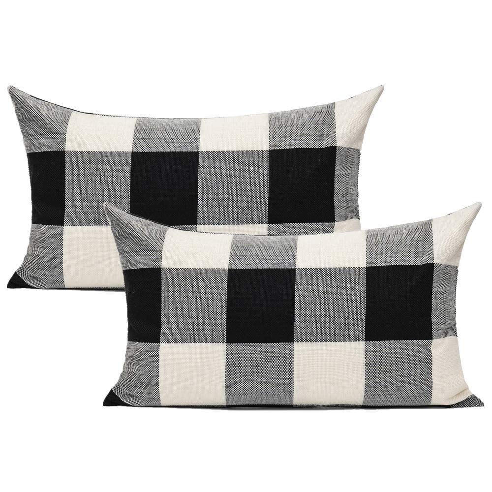 Vakado 12X20 Set Of 2 Black White Outdoor Throw Pillow Covers Buffalo Check Plaids Lumbar Farmhouse Retro Checkers Cotton Linen