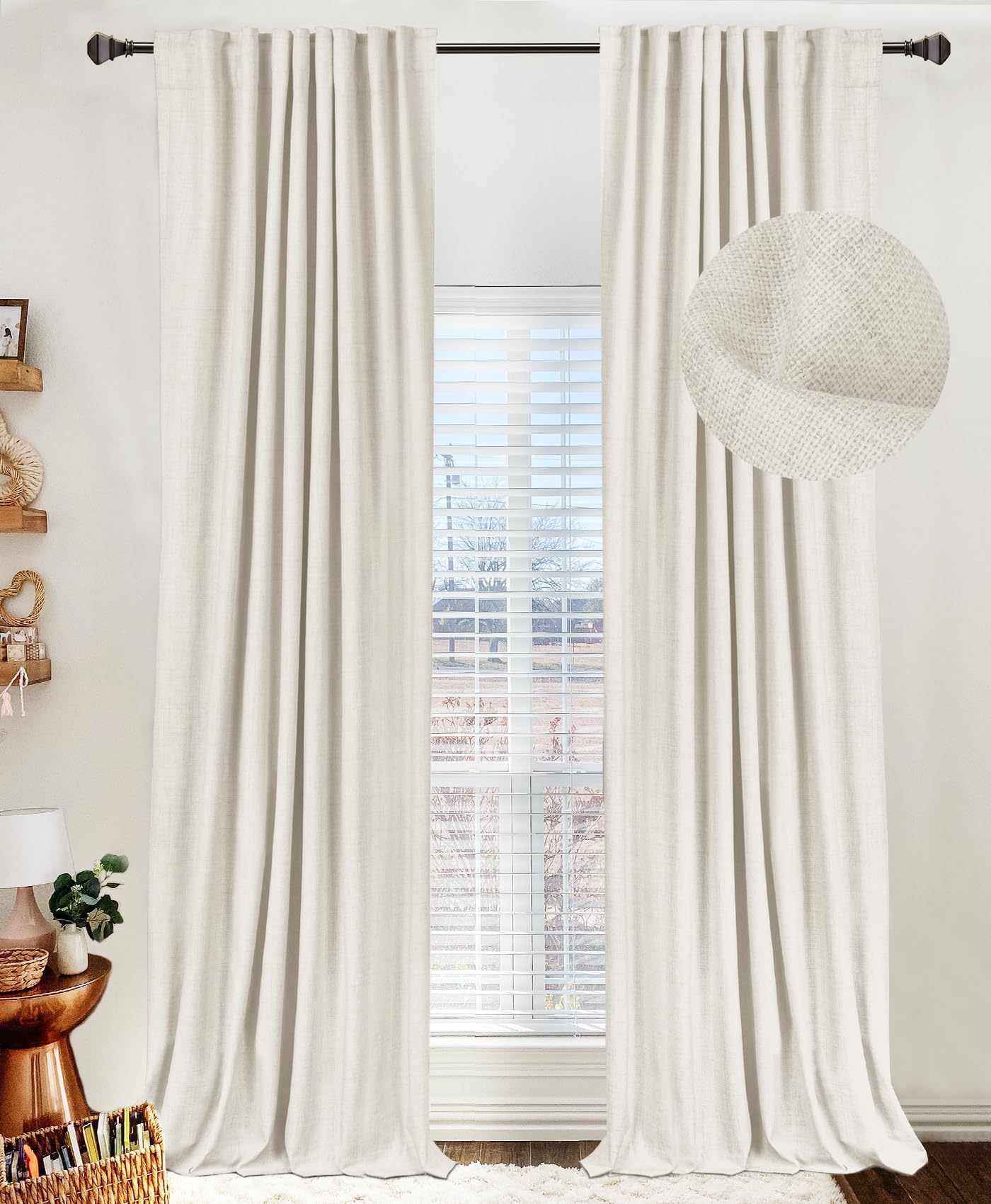 100% Blackout Shield Linen Blackout Curtains for Bedroom 63 Inches Long,Back Tab/Rod Pocket Living Room Drapes,Thermal Insulated