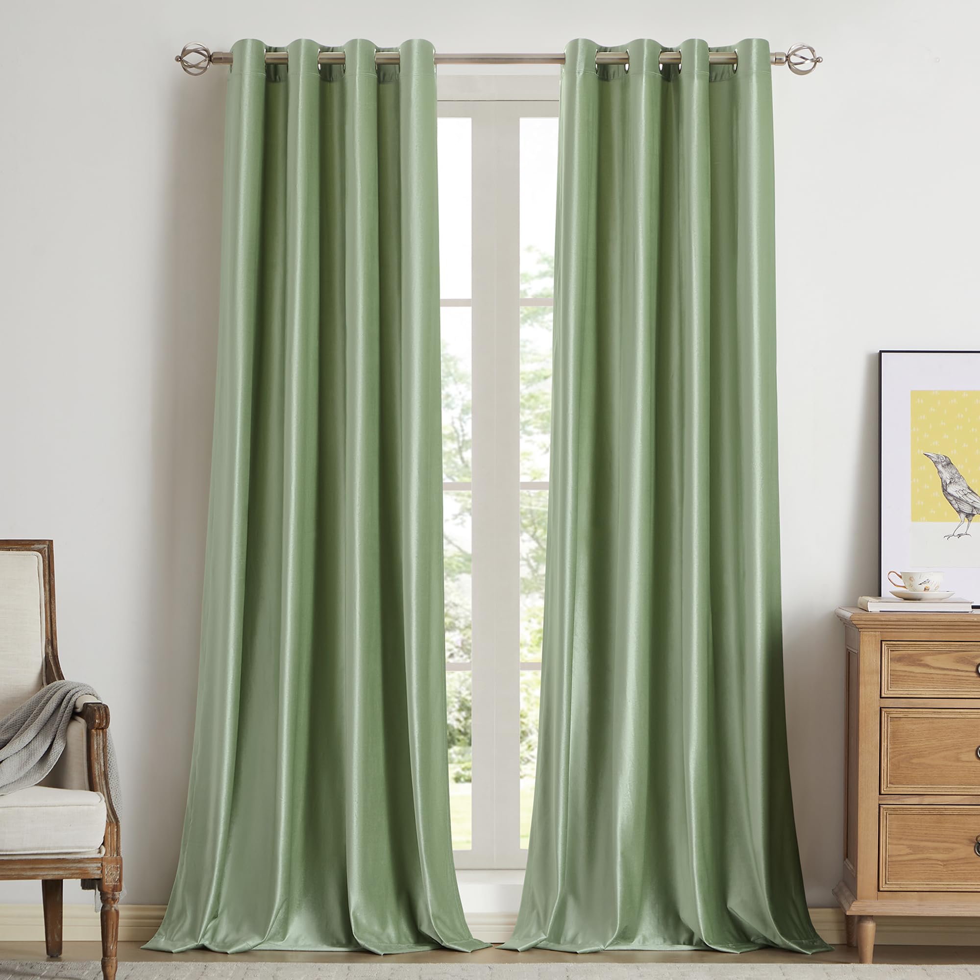 Bulbul Velvet Sage Green Curtains 120 Inch Length- Living Room Blackout Thermal Window Drapes Darkening Decor Grommet Curtains F