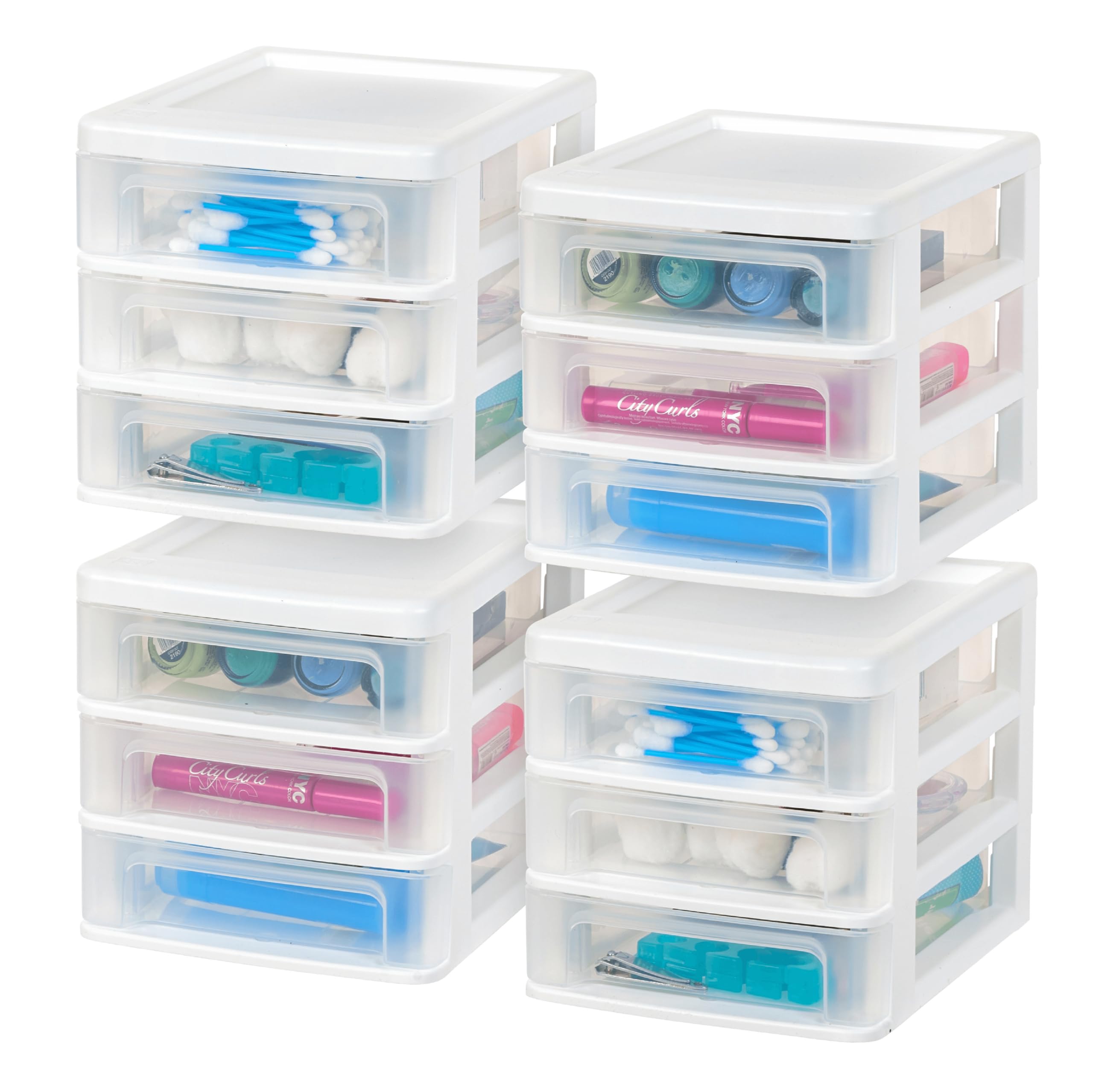 Iris Usa Plastic Stacking Desk Top 3-Drawer Storage Organizer, 4-Pack, For Makep Vanity Nail Polish Bathroom Stationery Art Craf