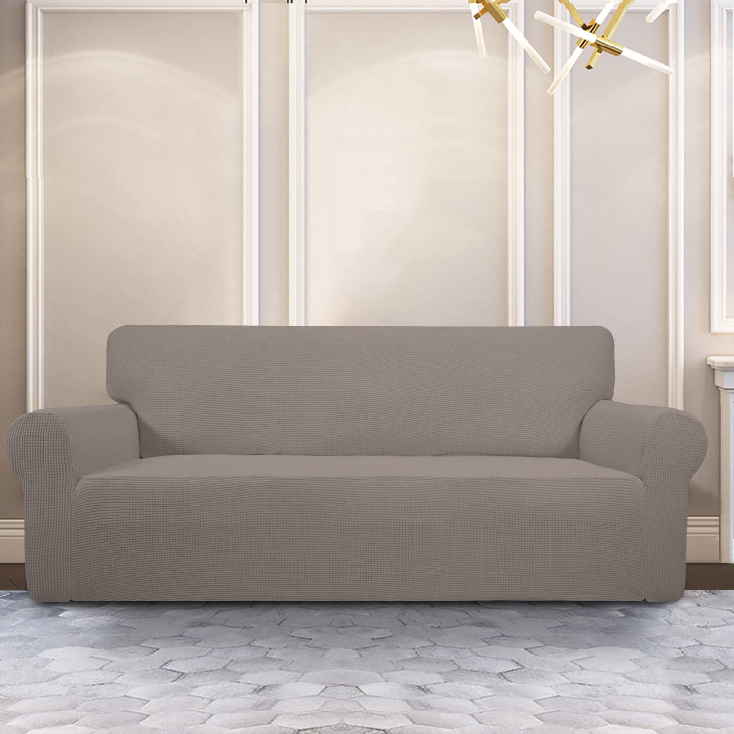Purefit Stretch Oversized Sofa Slipcover – Spandex Jacquard Non Slip Soft Couch Sofa Cover, Washable Furniture Protector With Non Skid Foam And Elastic Bottom For Kids (Oversized Sofa, Taupe)