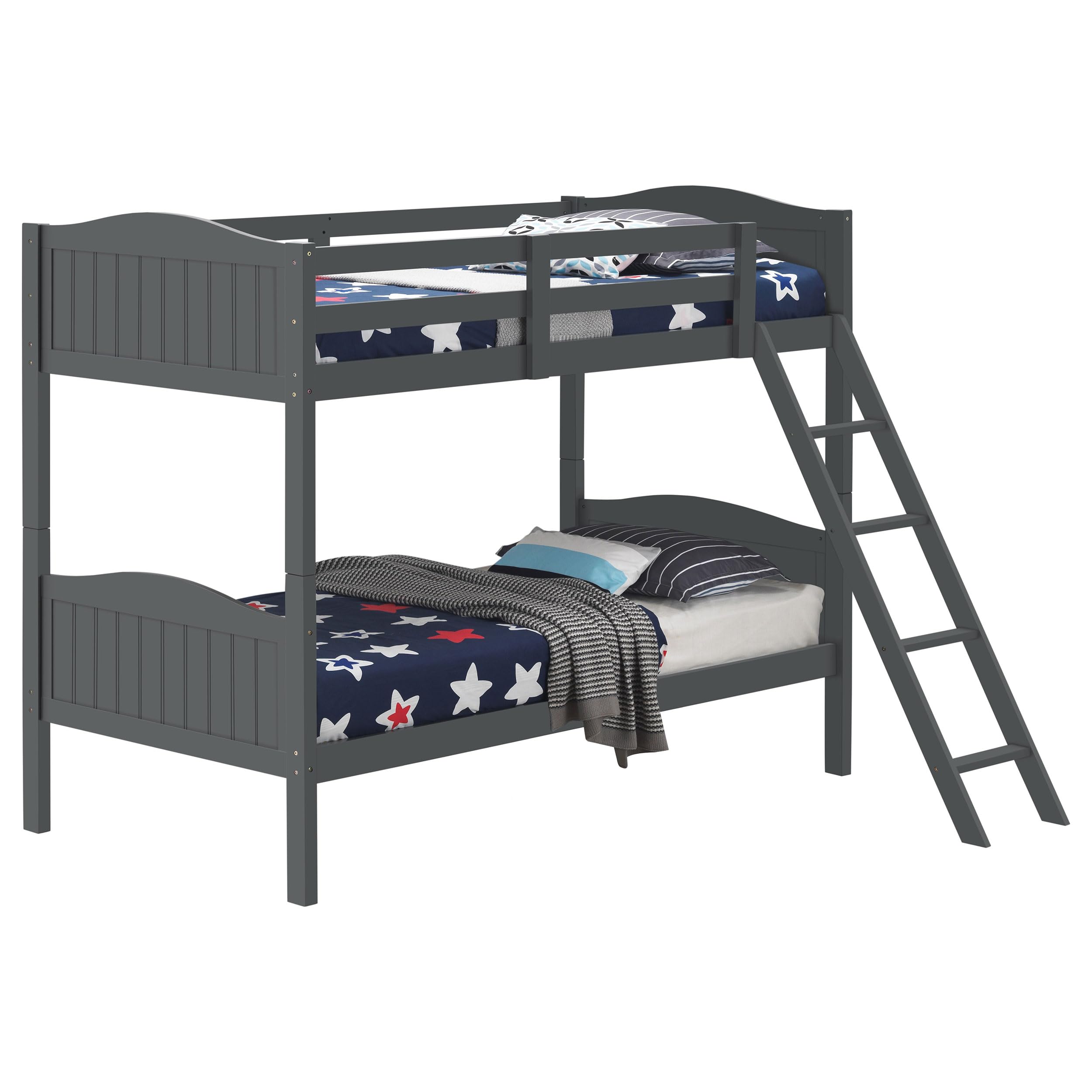 Coaster Home Furnishings Arlo Transitional Wood Twin Over Twin Size Bunk Bed Frame with Ladder and Guardrails Fully Slatted Mattress Ready Foundation Grey 405053GRY