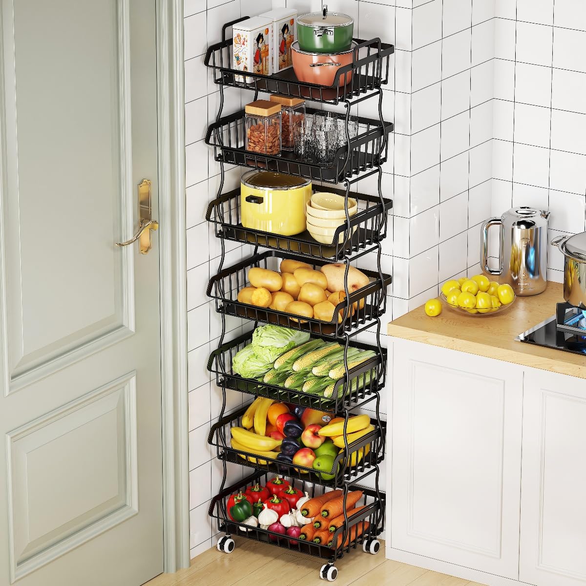 Baotkere Rolling Metal Wire Basket Storage Cart with Top Handle and Wheels, Heavy Duty Stackable Organizer, Can Seperated to Use