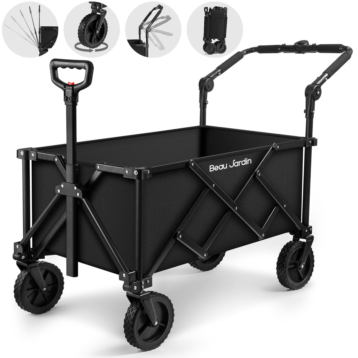 Beau Jardin Collapsible Folding Wagon Utility Beach Wagon Cart Foldable Heavy Duty All Terrain Camping Grocery Push Wagon For Sp
