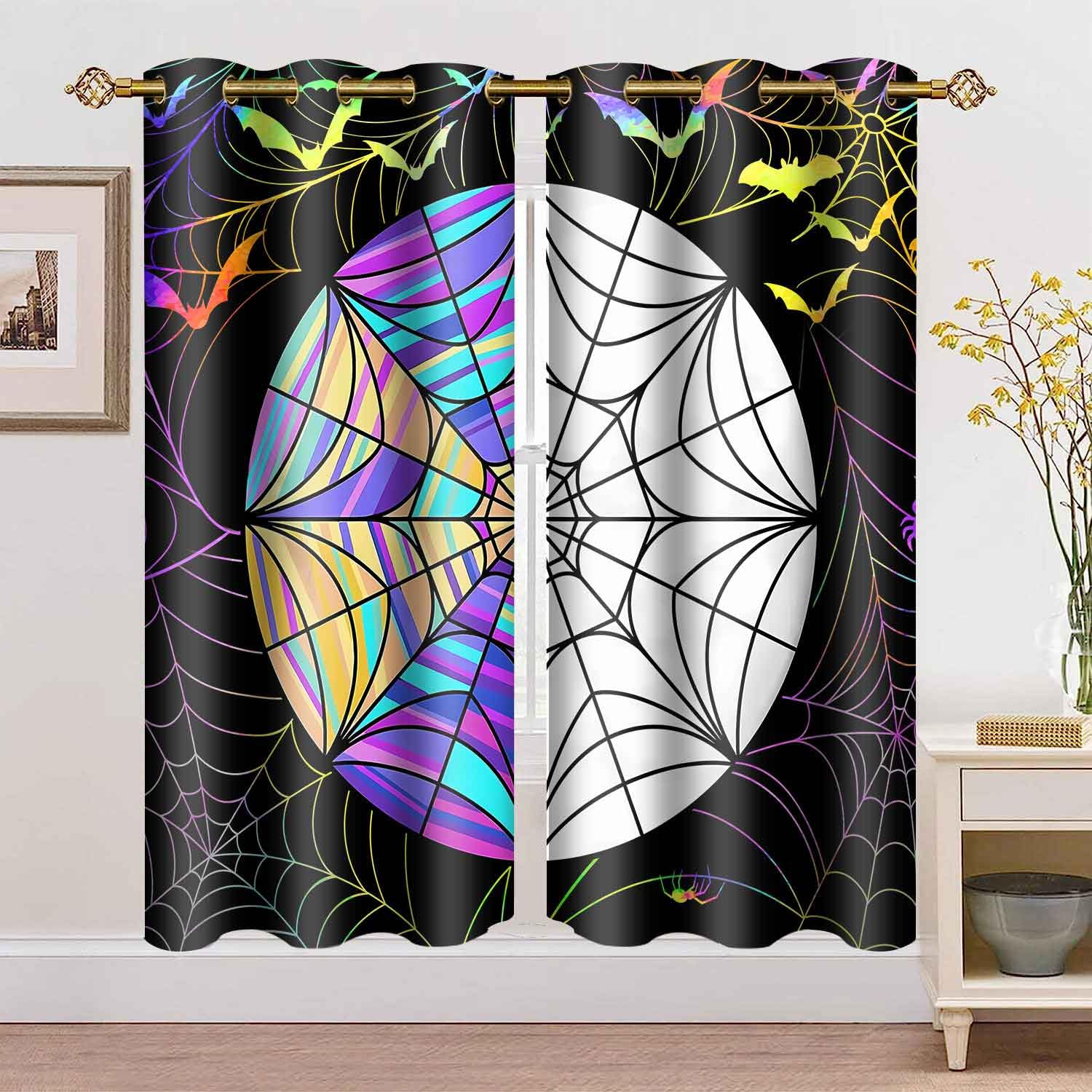 Mizsye Wednesday Dorm Window Blackout Curtains Stained Glass Windows Geometric Prints Drapes Funny Bats Spider Web Room Darkenin