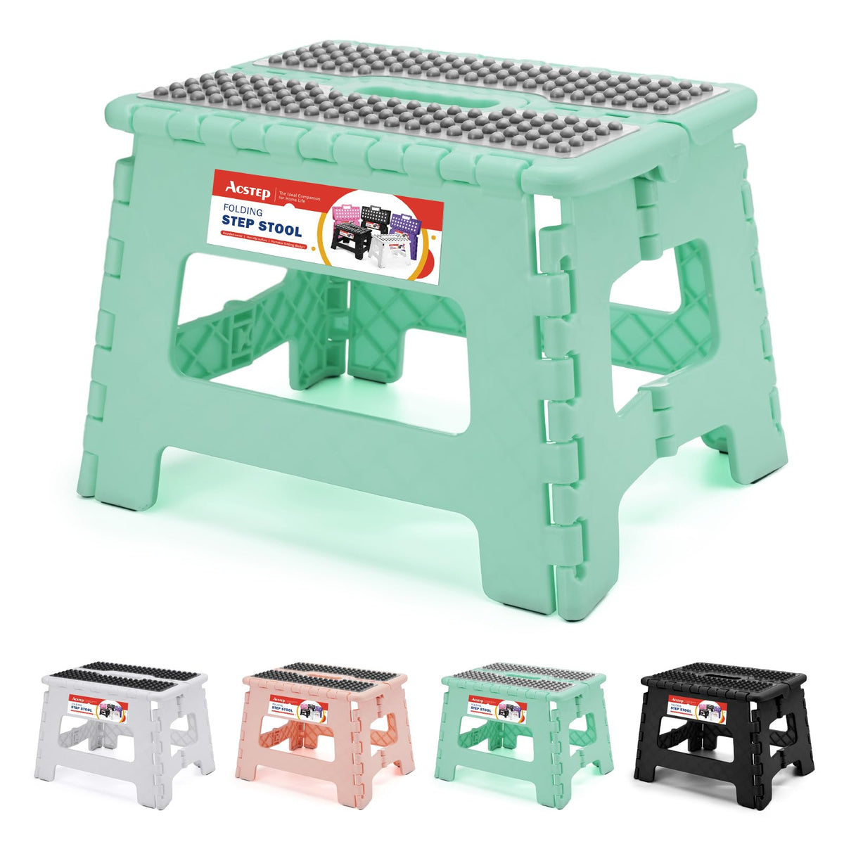 Acstep 9 Inch Folding Step Stool 300 Lb Capacity Non Slip Foot Stool With Handle Plastic Foldable Step Stools For Kids Stepping Stool For Bathroom Black Small Step Stool (1 Pc Teal)
