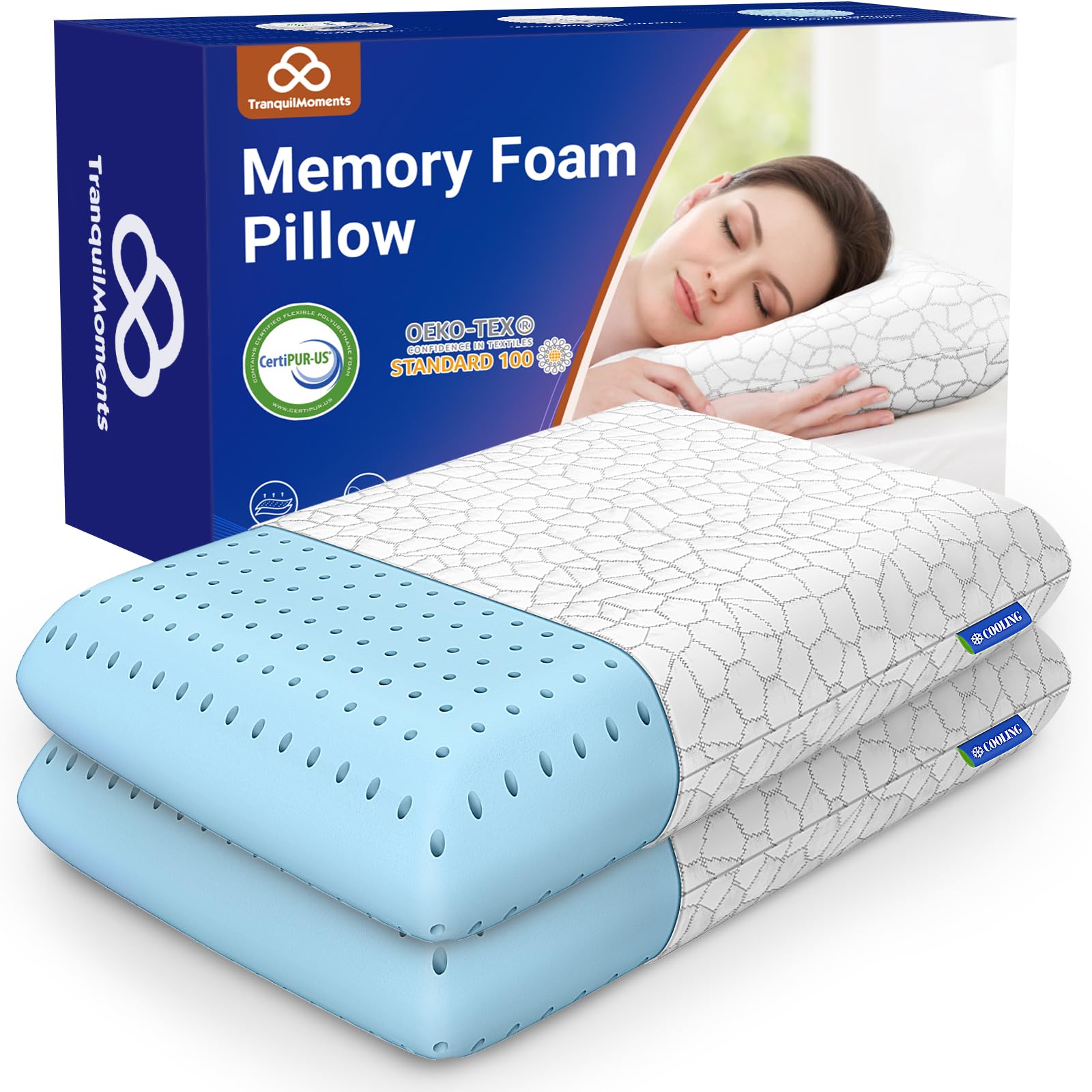 Tranquilmoments Cooling Memory Foam Pillows,Cooling Bed Pillow, Bed Pillow For Side,Back And Stomach Sleepers,Neck Pillow For Sl