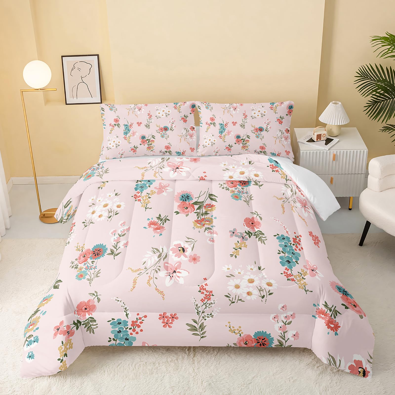 Qoomo Floral Comforter Twin Size,Pink Floral Kids Comforter Set,3Pcs Bedding Set Printed Comforter With 2 Pillowcases,Down Alter