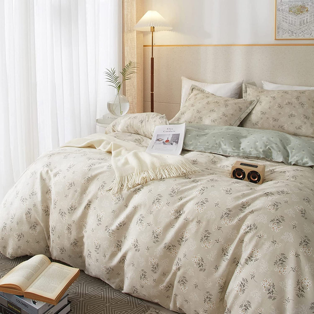 Boho Floral Duvet Cover Twin Kids Girl Garden Style Bedding Sets 100% Cotton White Beige Sage Green Floral Branches Pattern Comf
