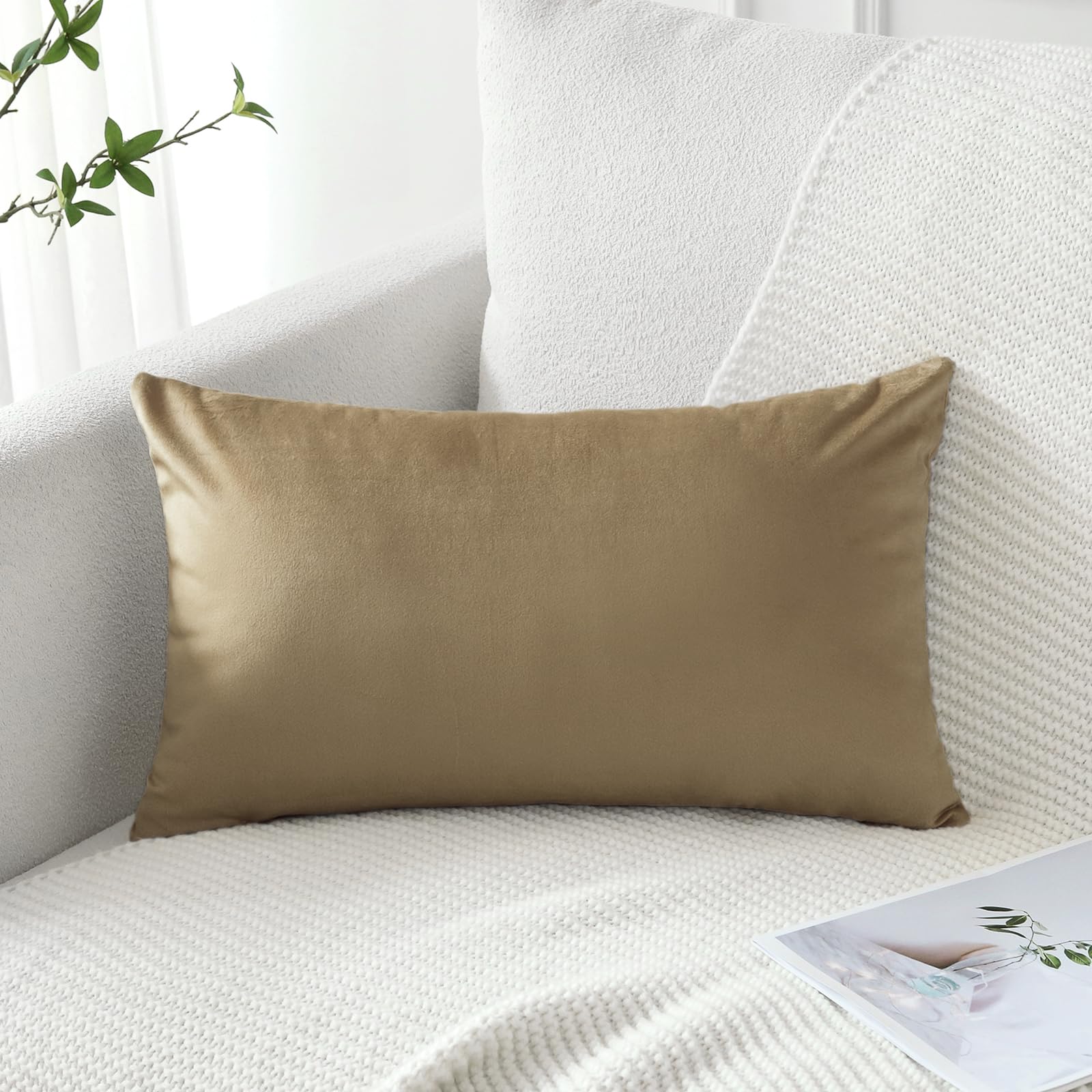 Artscope Luxury Velvet Pillow Covers Decorative Rectangle Pillowcases Soft Solid Cushion Cases For Couch Sofa Bedroom Car Decor 12X20 Inch Golden Brown