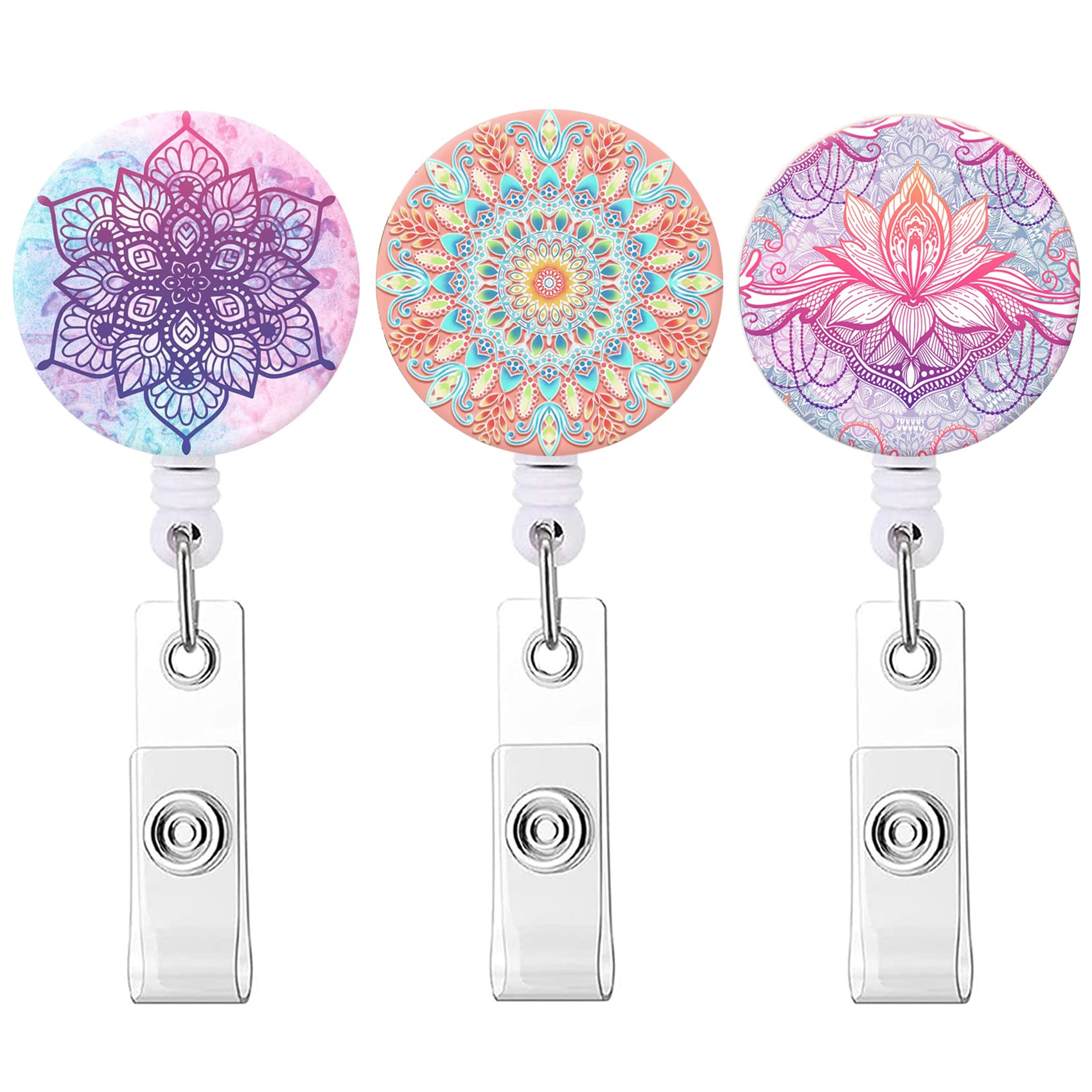 Badge Reel Retractable Nurse Badge Holder Cute Name Decorative Badge Reels With Clip On Id Card Holders (3 Pack Cute Mandala Lot