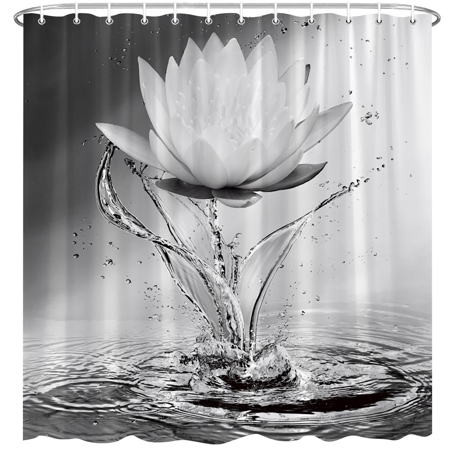 BCNEW Lotus Shower Curtain Black White Grey Flower Elegant Blooming Floral with Dew Spring Flower Reflection on Water Modern Rom
