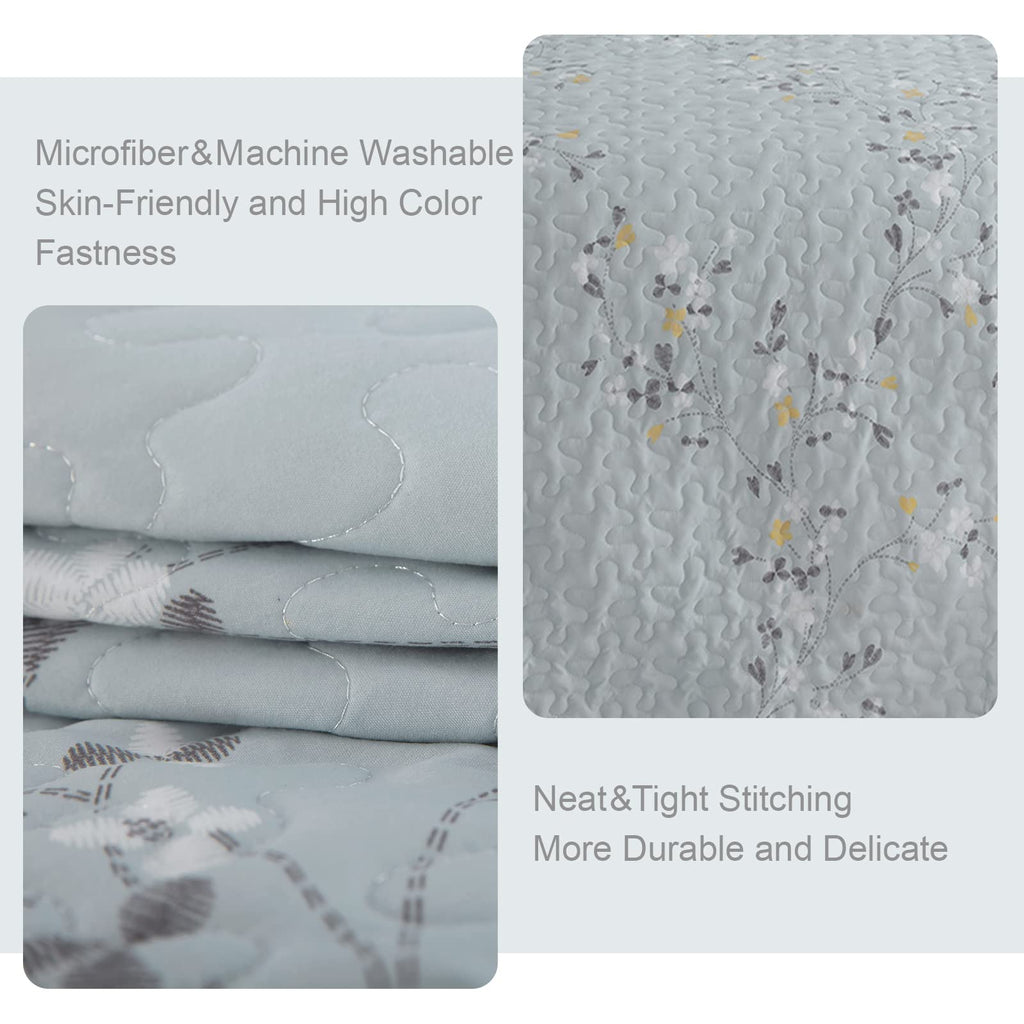 Exclusivo Mezcla Floral Quilt Set King Size, 3 Piece Soft Lightweight Flower Pattern Printed Light Blue Bedspreads Coverlet Bedd