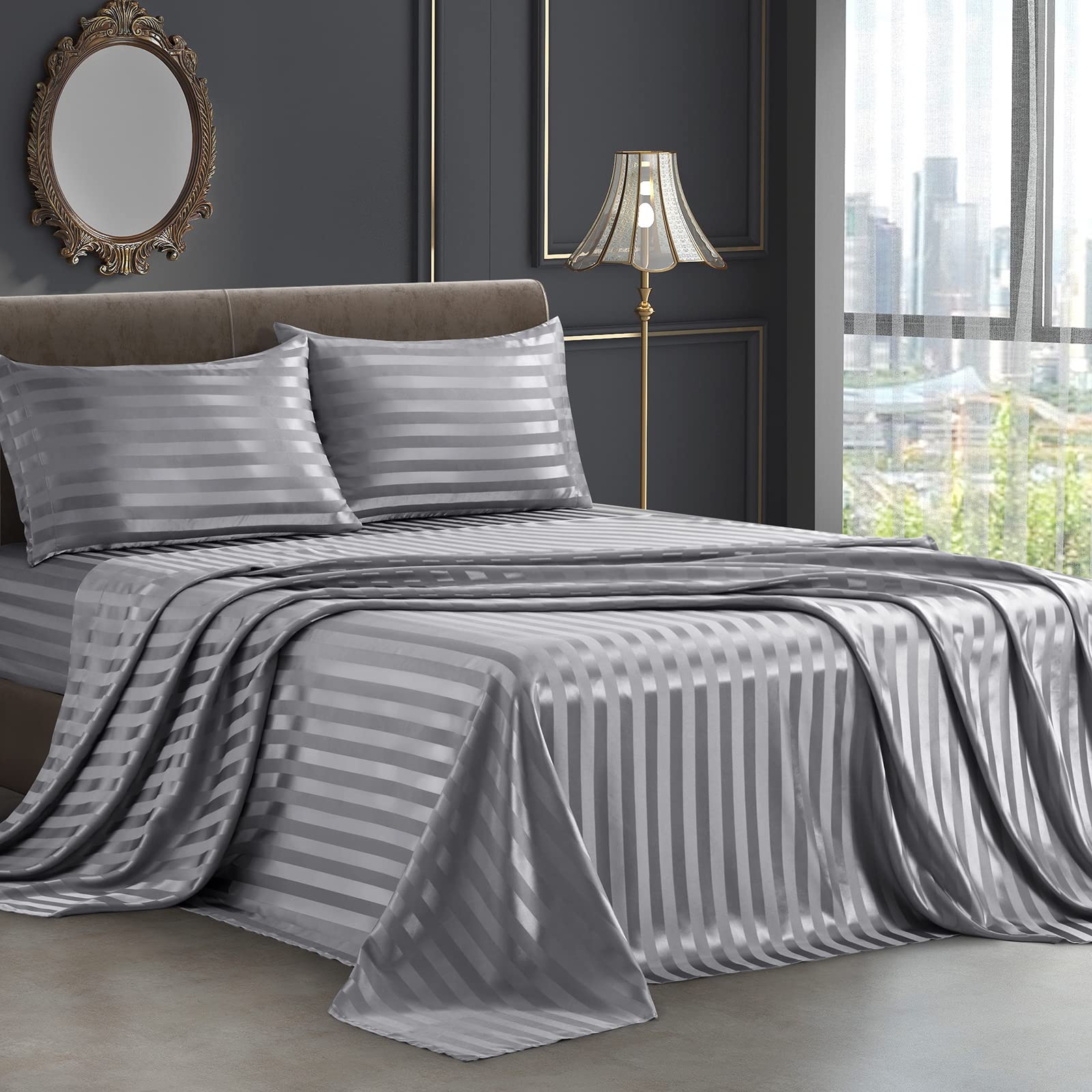 Siinvdabzx 4Pcs Satin Sheets Stripe Printed Sheets, Italian Style Silky Soft Grey Satin Full Bed Sheets With Deep Pocket, 1 Fitt