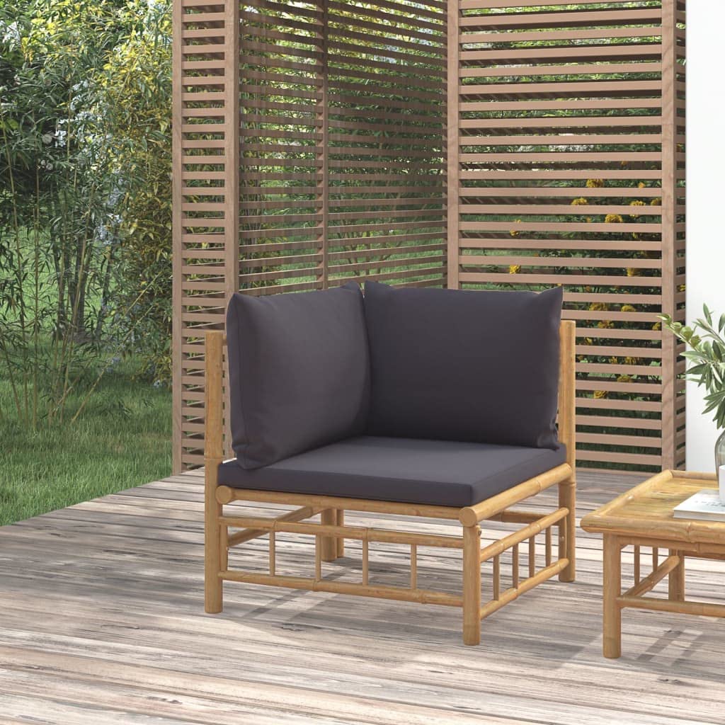 vidaXL Bamboo Patio Corner Sofa with Dark Gray Cushions - Modular Outdoor Lounge Set with Waterproof Protection and Comfortable Cushions - Natural Finish