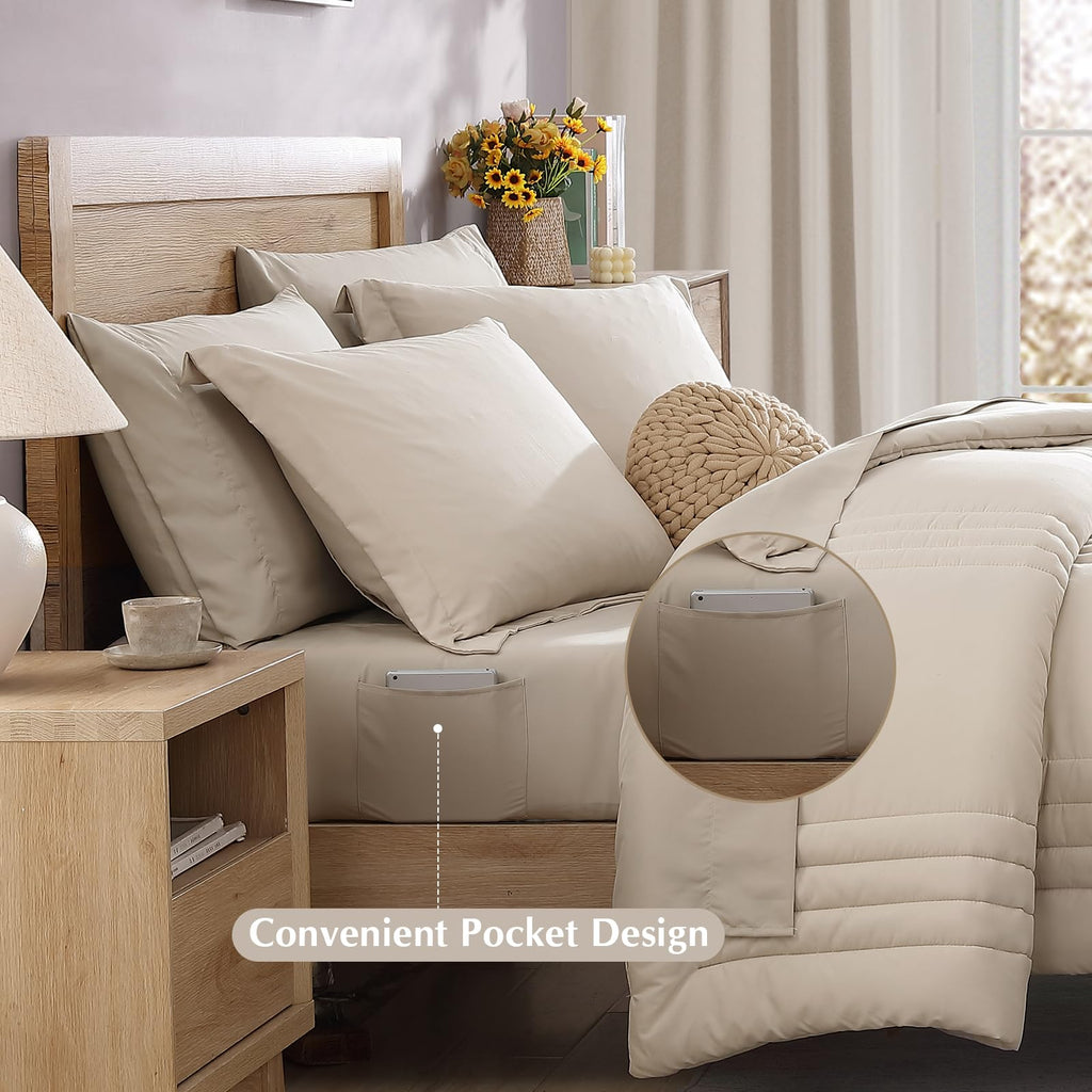 Monbix Queen Comforter Set, 7 Pieces Bedding Set with Comforter, Sheets, Pillowcases & Shams, Polyester, Apricot Beige