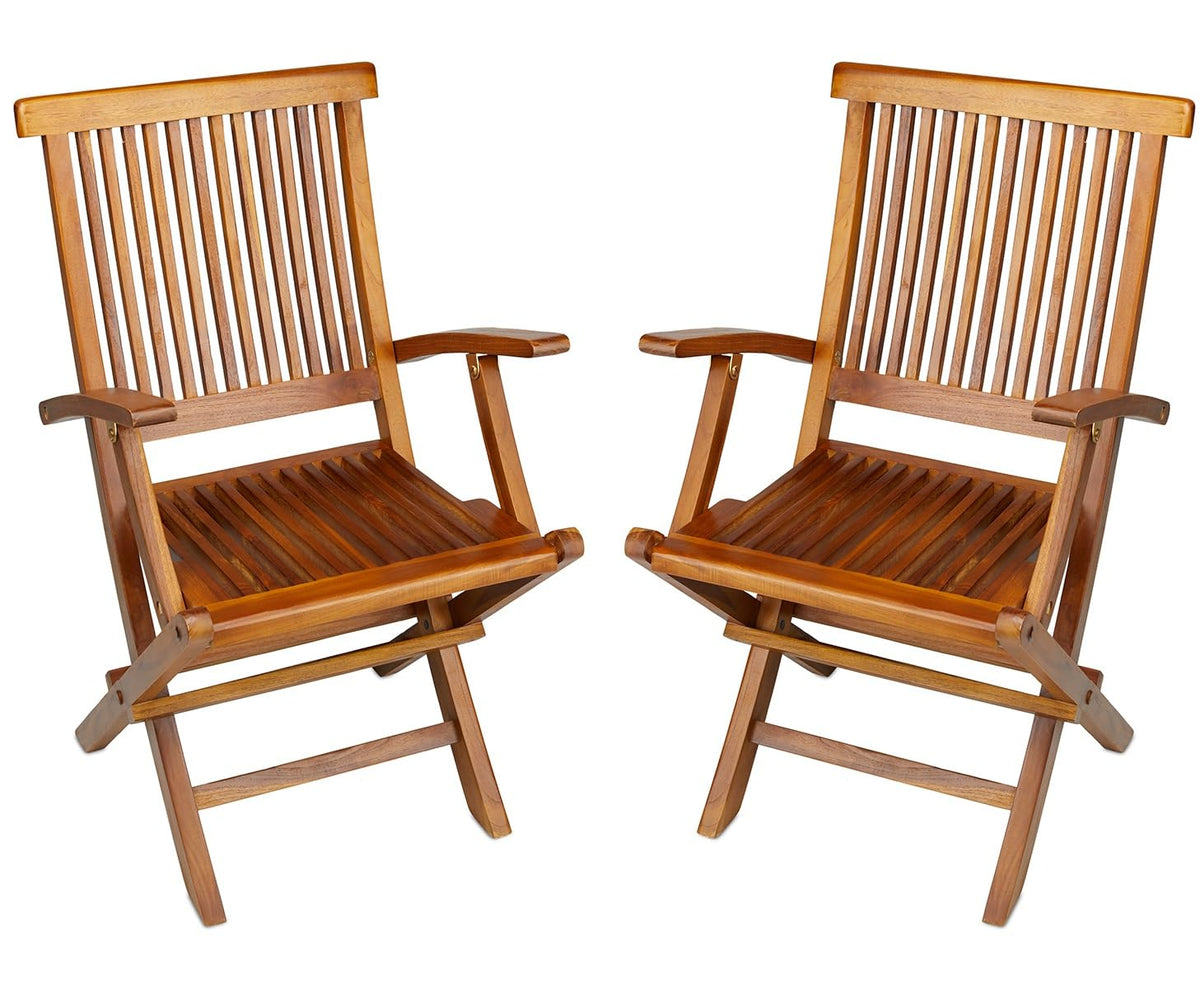 Teakcraft Teak Folding Arm Chair - 2 Piece Foldable Chairs Set - Fully Assembled - Solid Wooden Outdoor, Indoor- Wood Dining Roo