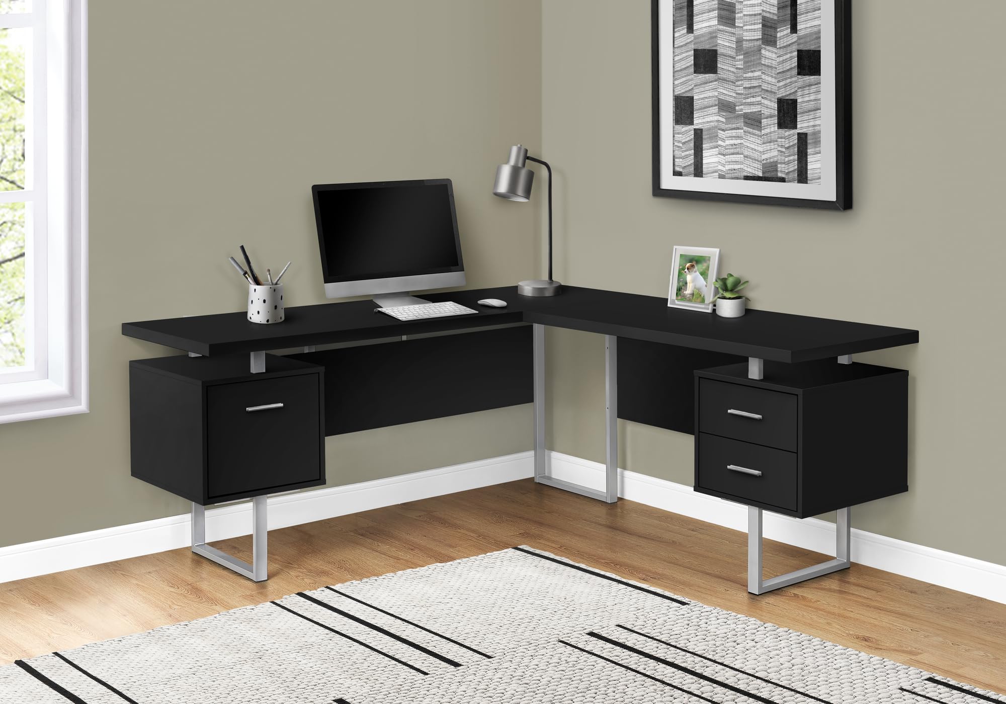 Monarch Specialties 7619 Computer Desk, Home Office, Corner, Left, Right Set-up, Storage Drawers, 70' Shape, Work, Laptop, Metal, Laminate, Grey Desk-70 L Black Silver R Face, 71' L x 71' W x 30' H