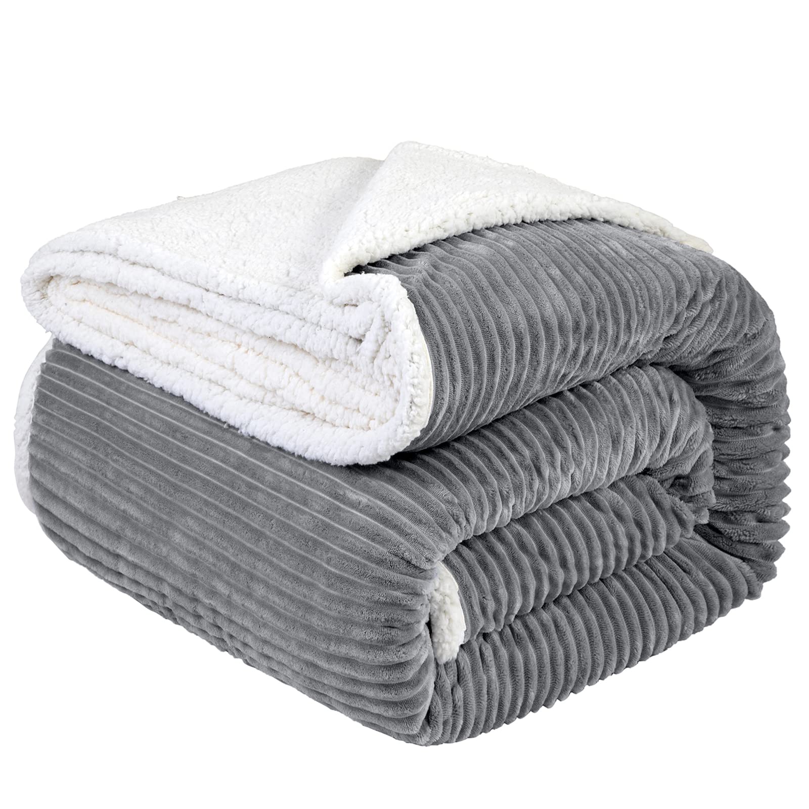 Lbro2M Striped Sherpa Fleece Bed Blanket King Size, Super Soft Fuzzy Plush Warm Cozy Fluffy Microfiber Couch Throw Velvet Double Reversible Luxurious Blankets (90X104),Grey