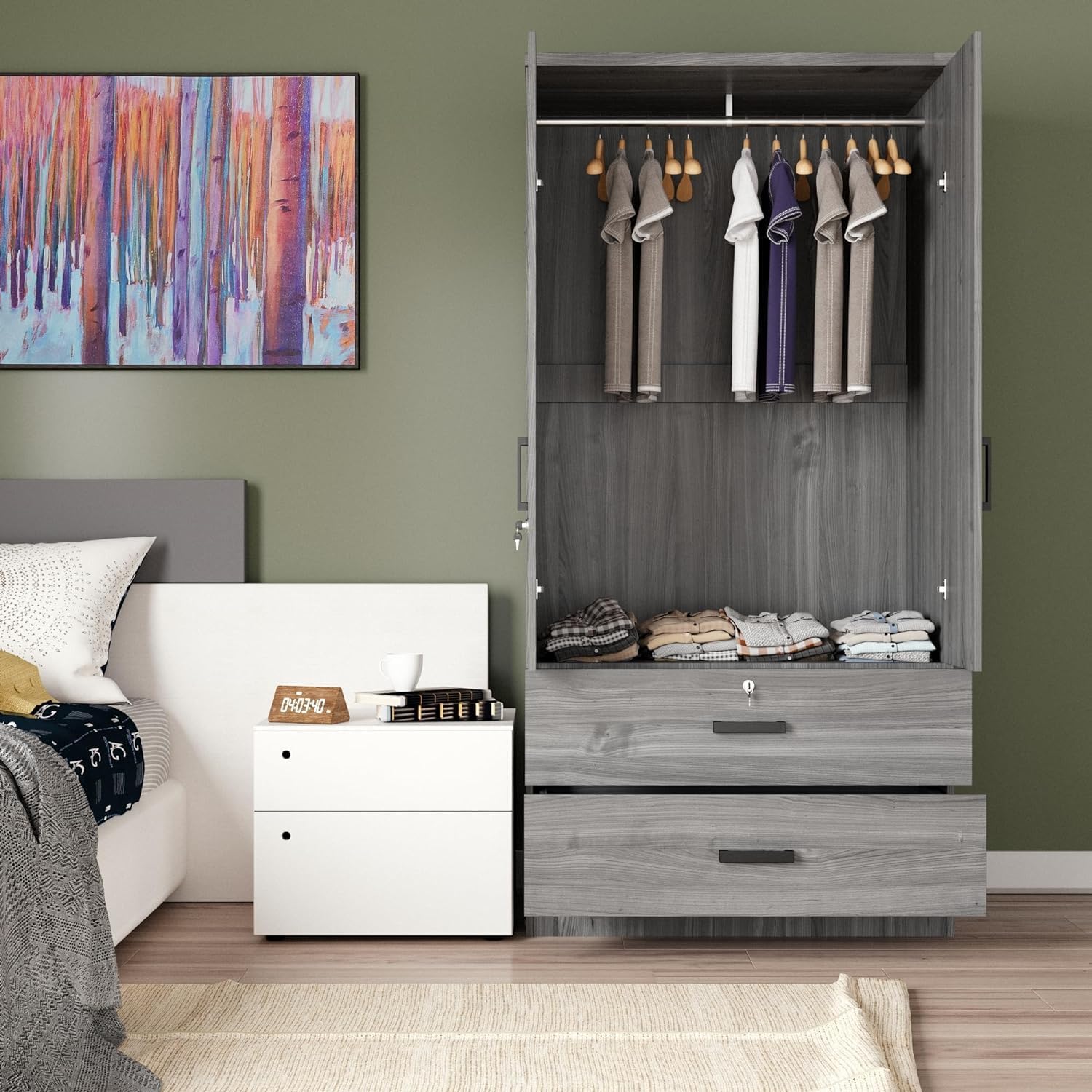 Woodpeckers Furniture And Mattress Mirrored 2 Doors Wardrobe & 2 Drawers 72&quot; Tall (Grey)