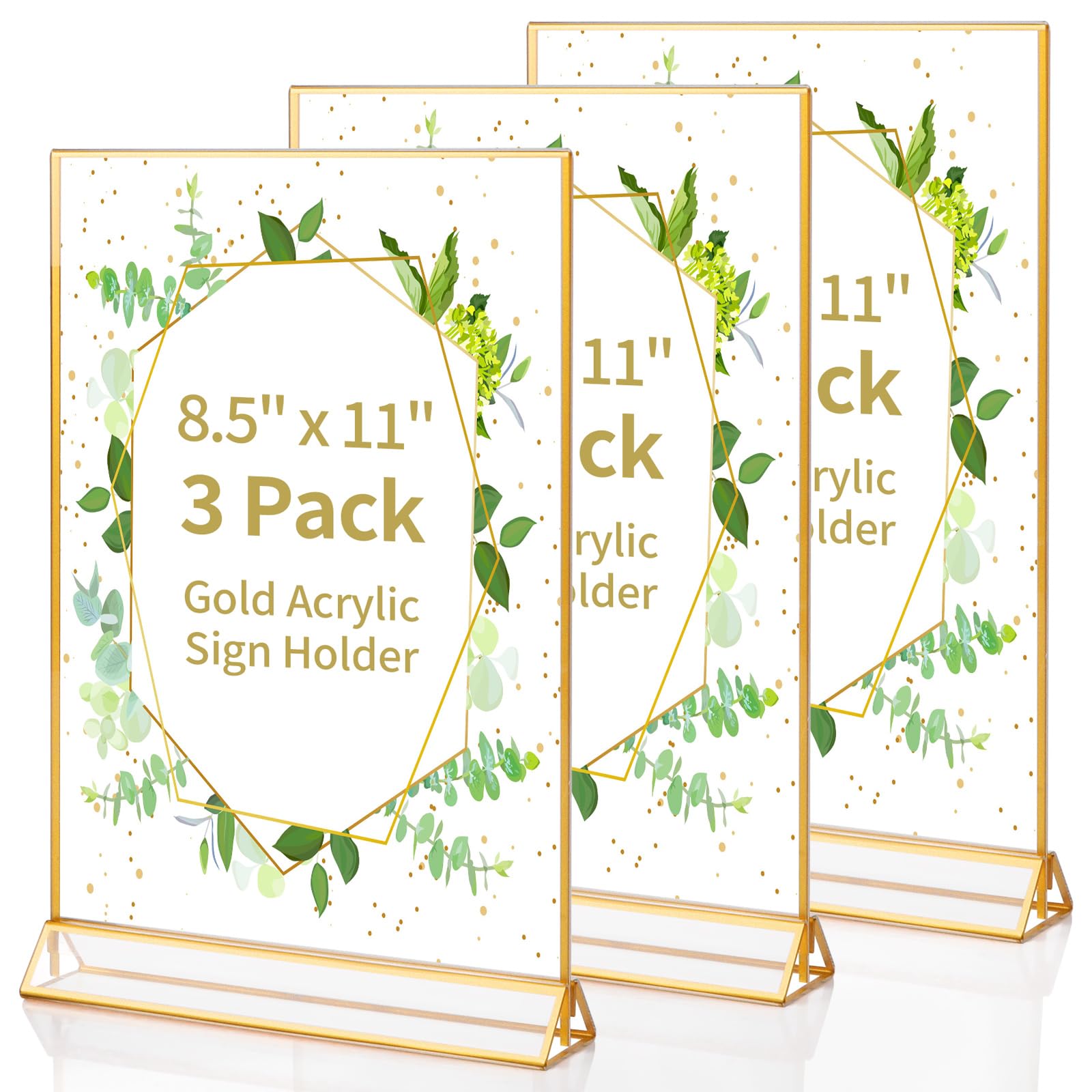 Svalor Gold Acrylic Sign Holder 8.5 X 11 Inch, 3 Pack Wedding Table Number Frames Vertical , Double Sided Display Gold Picture F