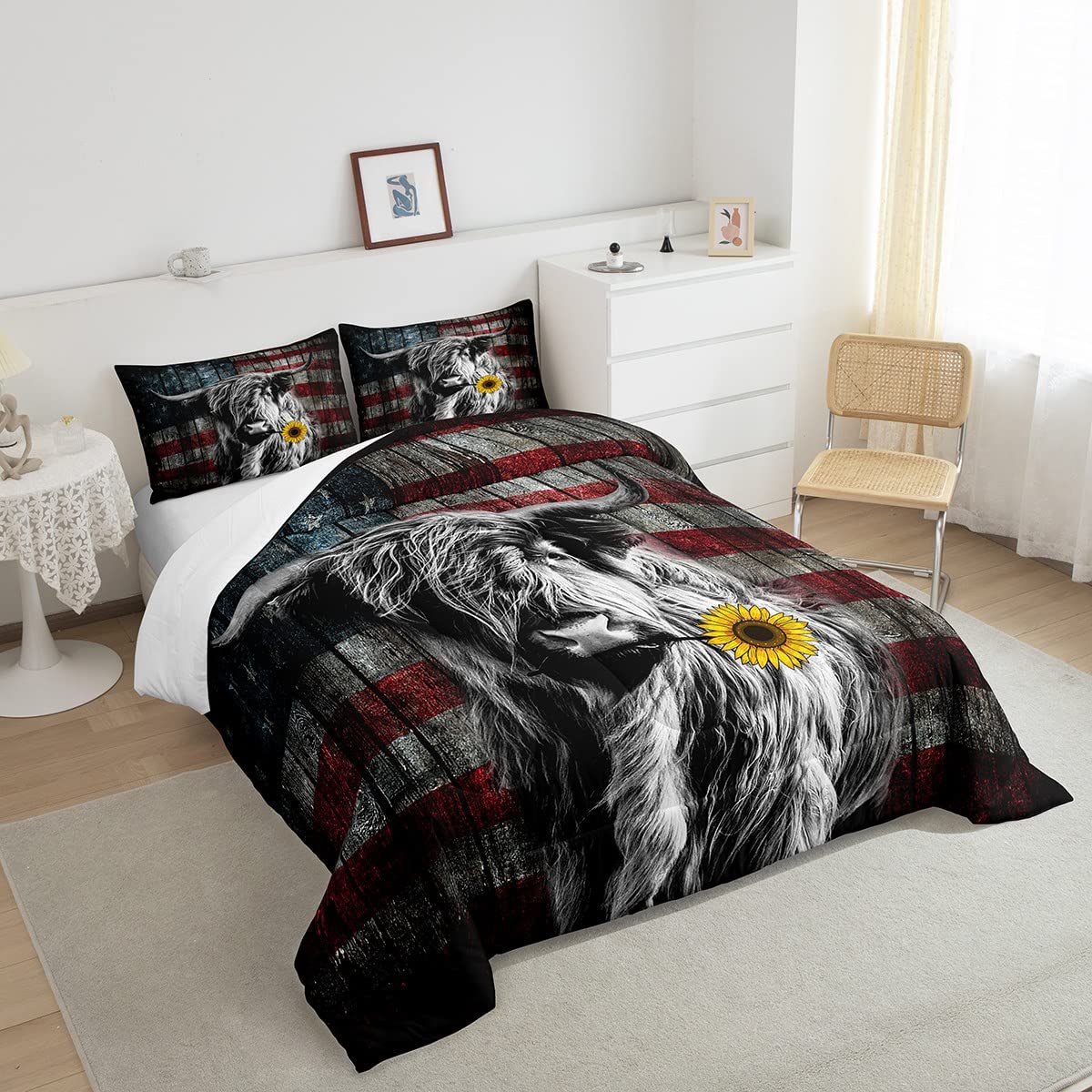 Feelyou Highland Cattle Bedding Set Sunflower Highland Cow Comforter Set For Kids Boys Girls America Flag Bull Comforter Animal