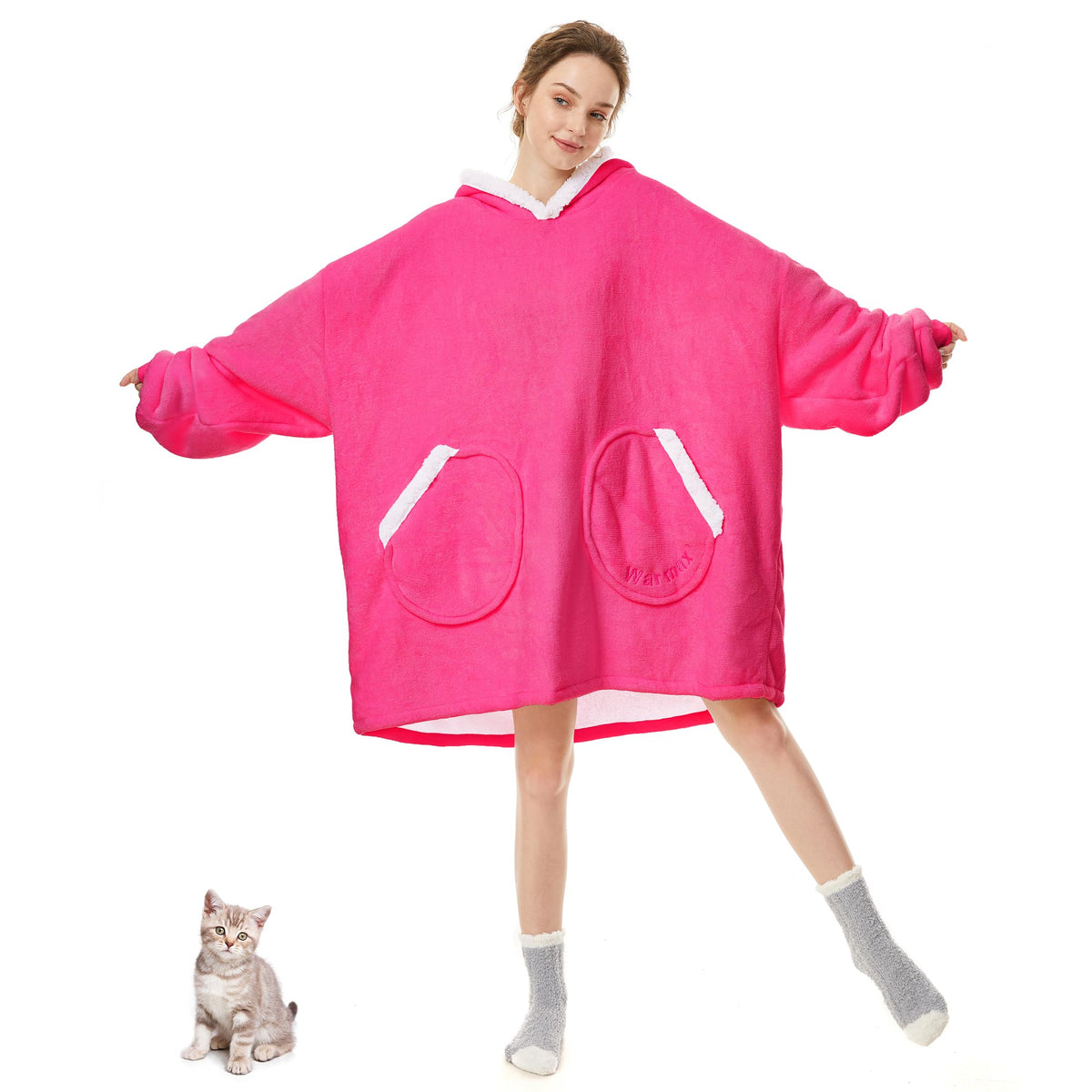 Hot Pink Wearable Blanket With Plush Pockets, Oversized Sherpa Thick Warm Hoodie Blanket Big Sweatshirt, Gifts For Women Men Hot