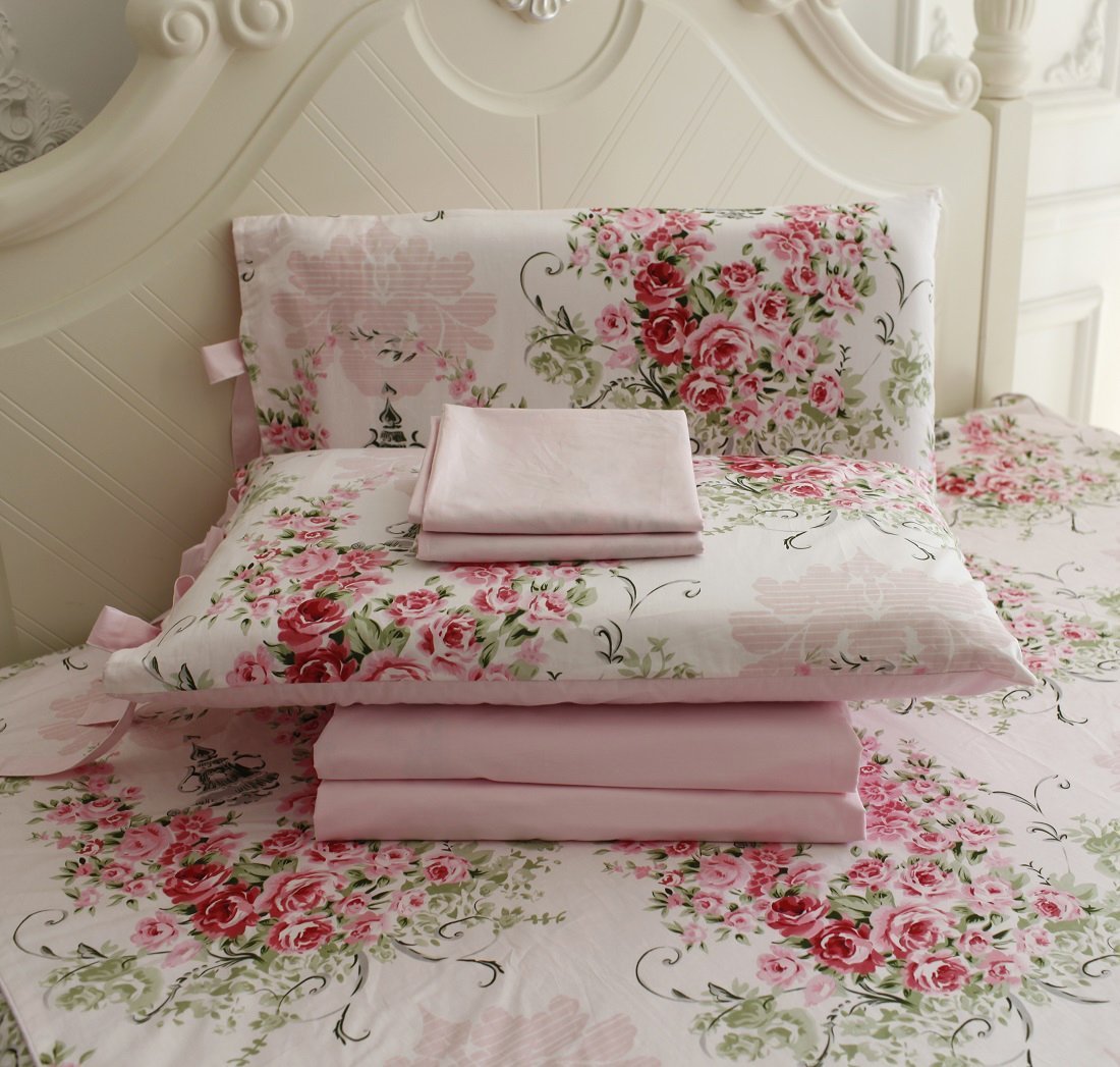 Fadfay Rose Floral 4 Piece Bed Sheet Set 100% Cotton Deep Pocket-King