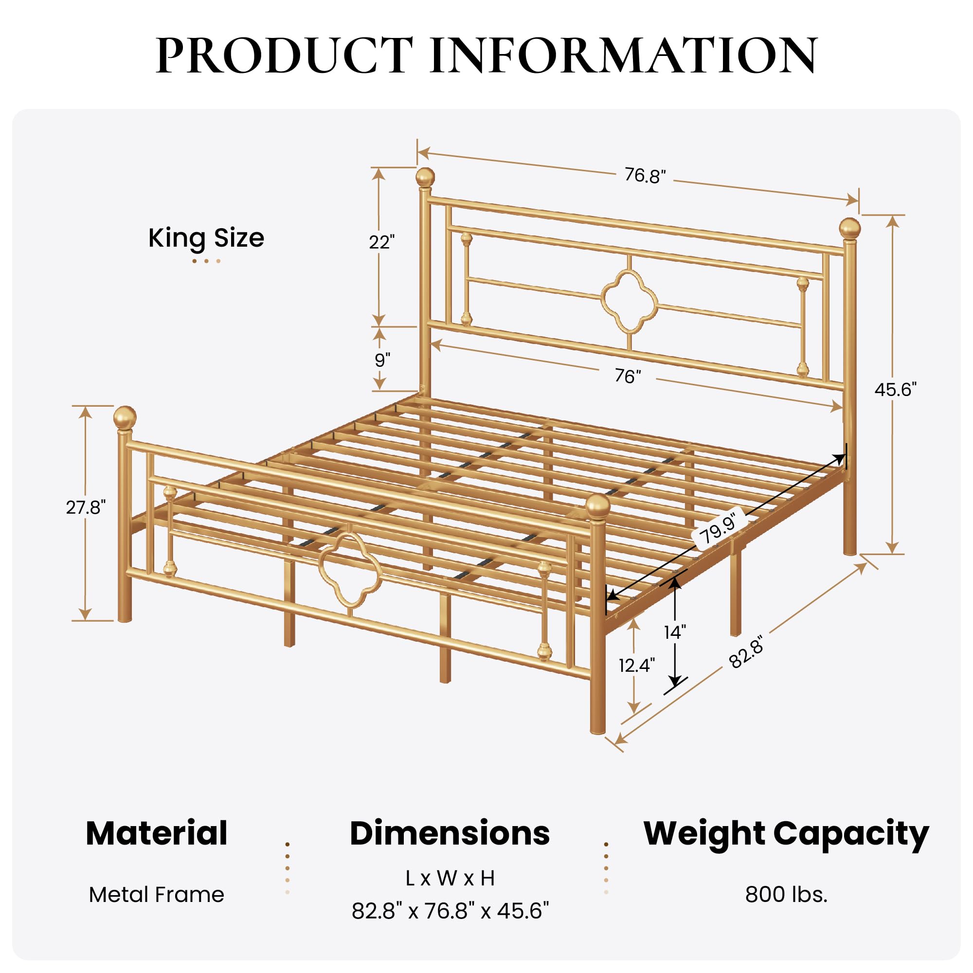 Sha Cerlin 14 Inches King Size Metal Platform Bed Frame/Vintage Iron-Art Headboard And Footboard/Mattress Foundation For Storage/No Box Spring Needed/Noise-Free/Easy Assembly/Gold