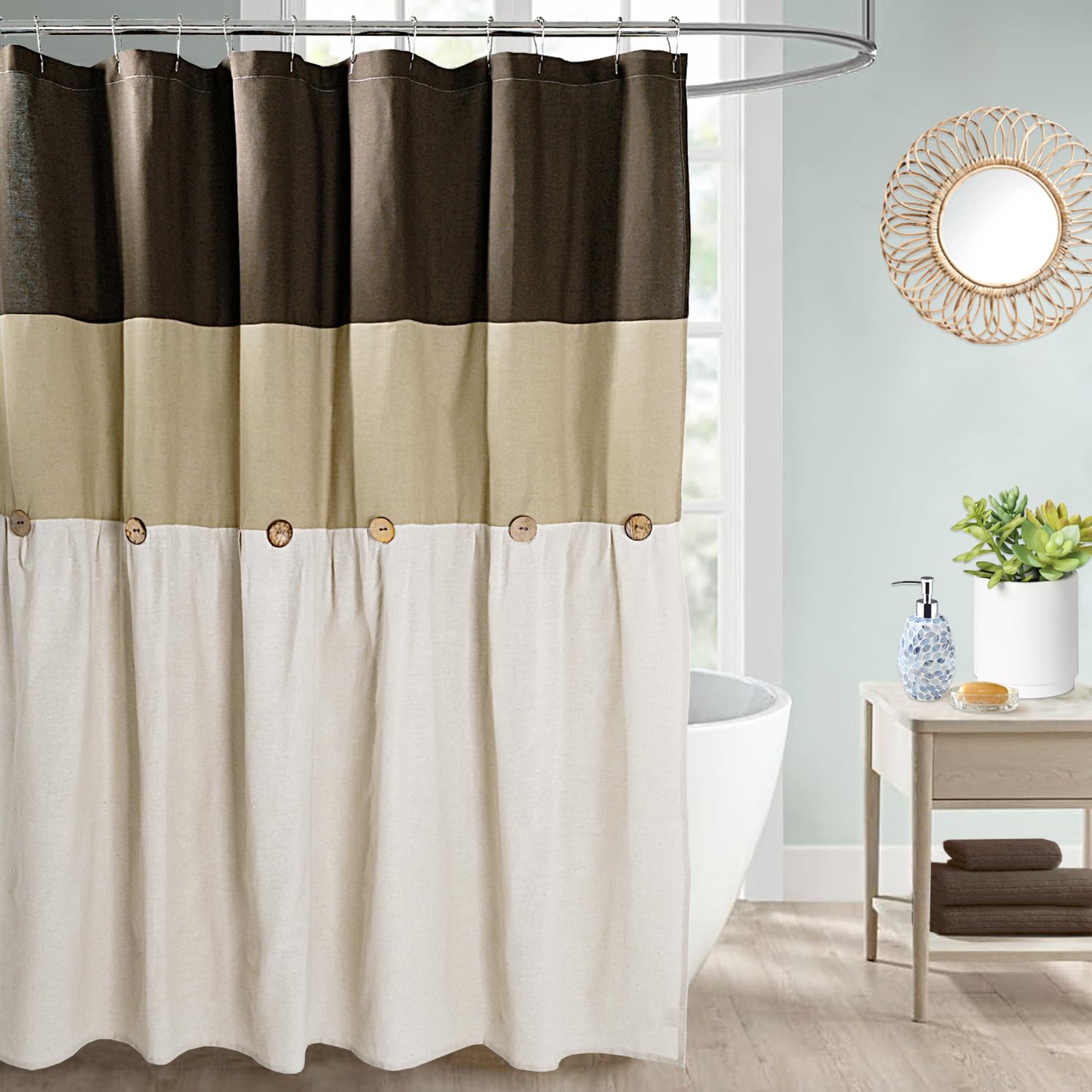 Dosly Id  Es Farmhouse Cotton Button Natural Neutral Color Shower Curtain,Pleated Linen Color Cotton Blend Woven Fabric,Country