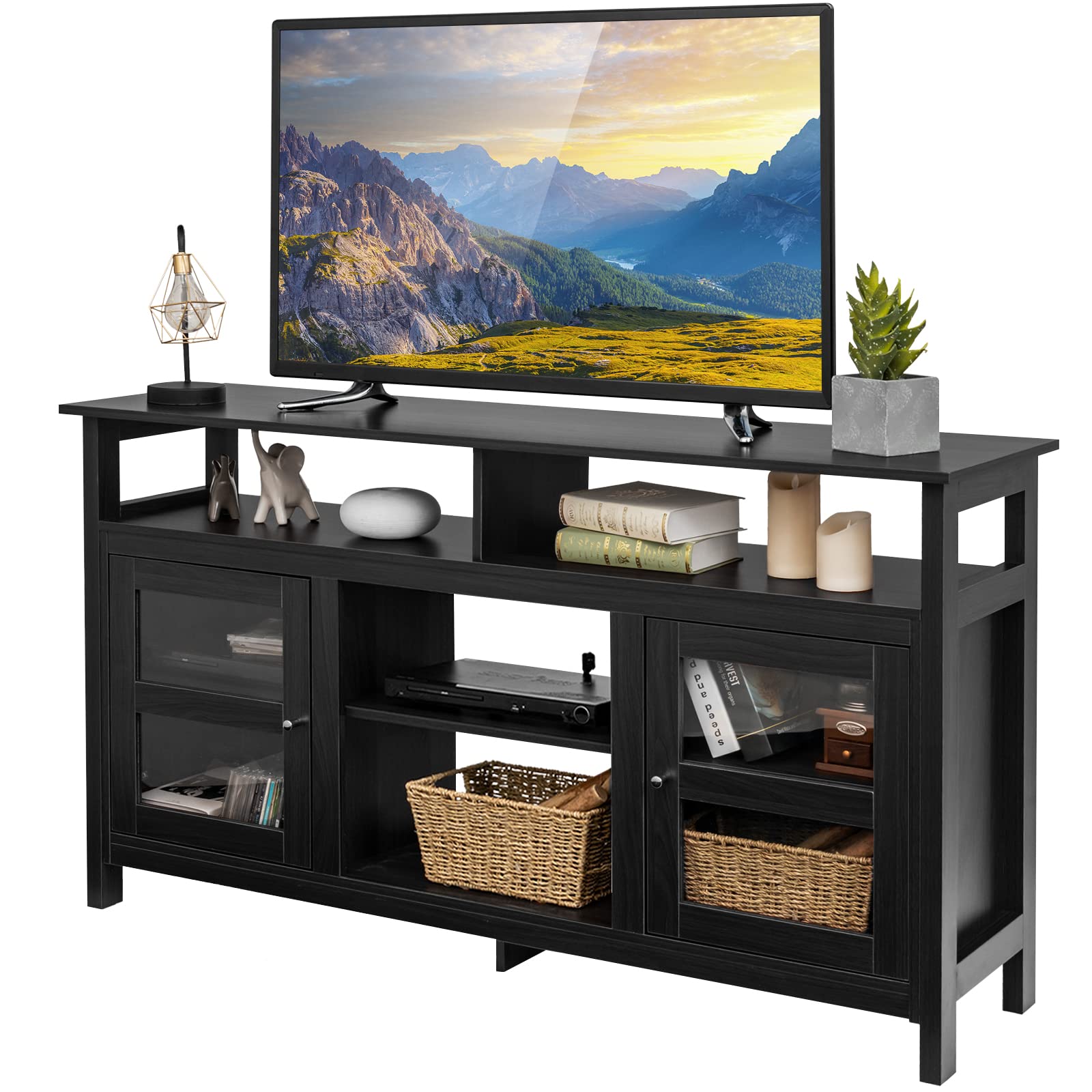 Tangkula Farmhouse Tv Stand For Tvs Up To 65' Flat Screen, Wooden Tv Console Table W/2 Cabinets & 4 Shelves, Home Living Room Furniture, Entertainment Center For 18' Electric Fireplace (Not Included)