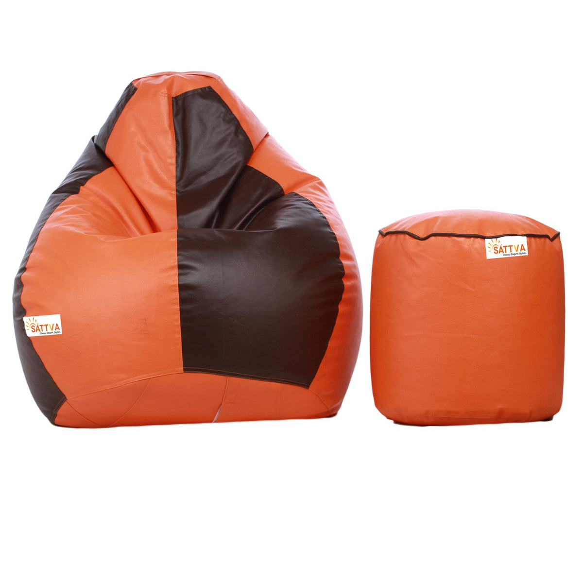 Sattva Combo Classic XL Bean Bag Cover Orange Brown and Round Footstool (Without Beans)  Orange with Brown Piping