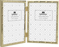 YiPinYin 5x7 Bamboo Detail Double Photo Frames, Gold Metal Picture Frame 7x5 Double, Elegant Narrow Profile Plated Photo Fra