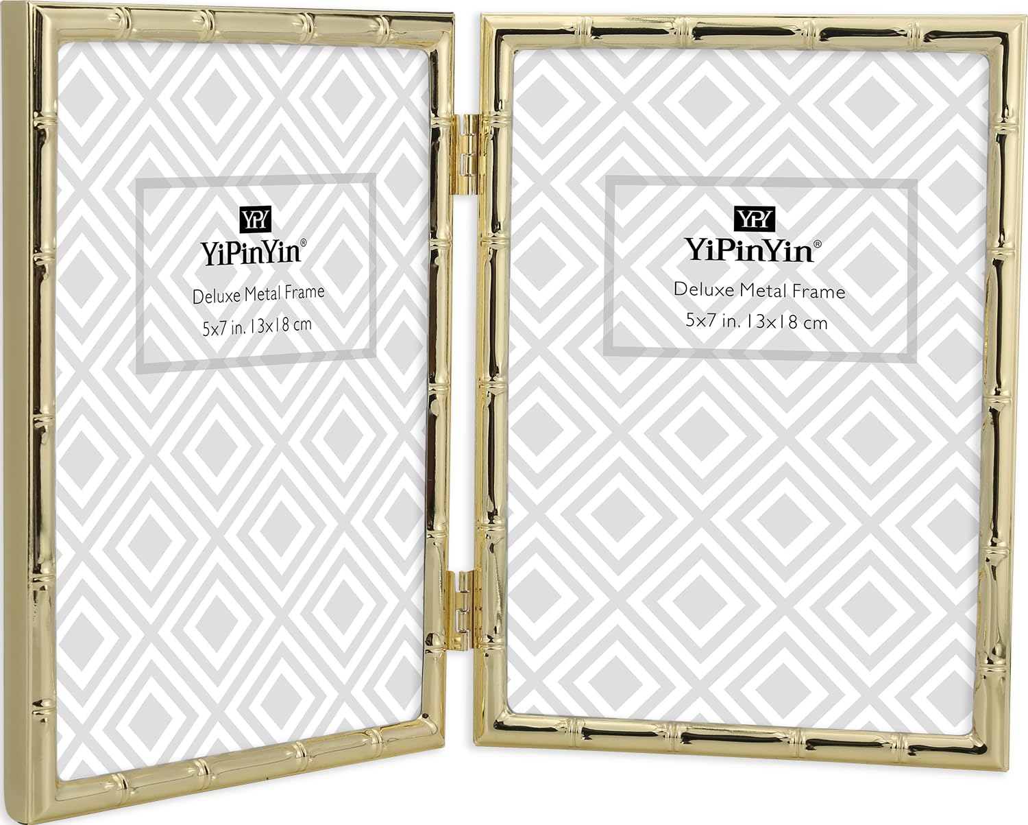 YiPinYin 5x7 Bamboo Detail Double Photo Frames, Gold Metal Picture Frame 7x5 Double, Elegant Narrow Profile Plated Photo Fra