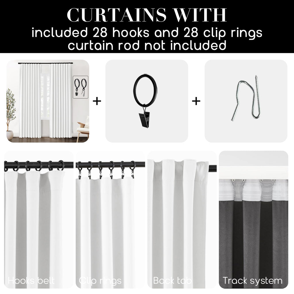 Shineland 102 Inch Long Curtains For Living Room,Back Tab Light Blocking White Blackout Curtains 102 Inches Long For Bedroom,Roo