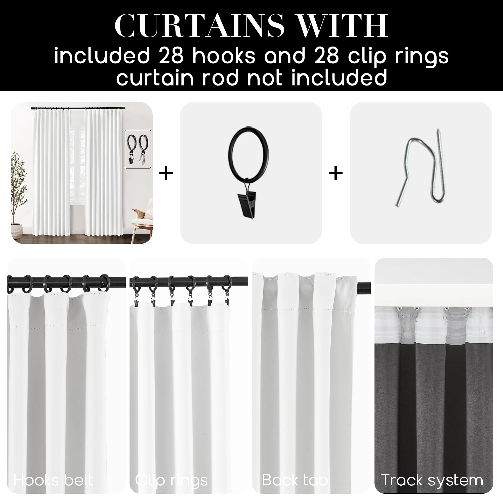 Shineland 102 Inch Long Curtains For Living Room,Back Tab Light Blocking White Blackout Curtains 102 Inches Long For Bedroom,Roo