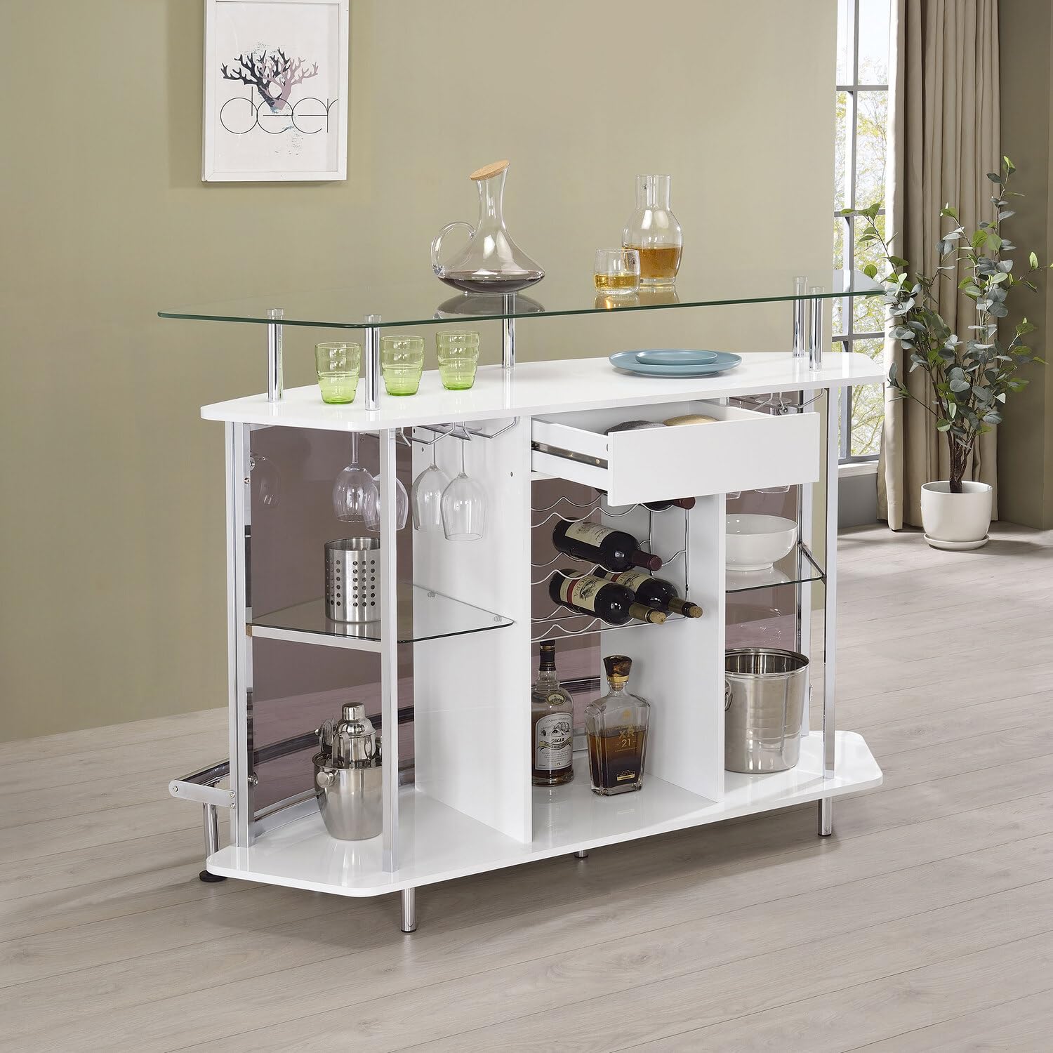 Coaster Modern Home Bar Table Wine Storage Cabinet, Tempered Glass Top & Shelves Smoked Acrylic Panels, White High Gloss & Chrome