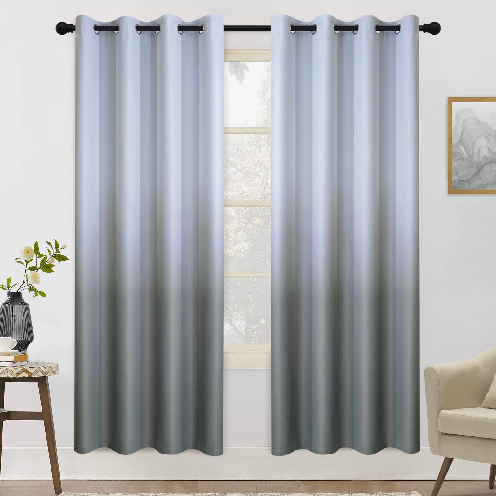 COSVIYA Grommet Ombre Room Darkening Curtains 72 inch Length 2 Panels, Gradient Drapes Grey and Grayish White Light Blocking Ins