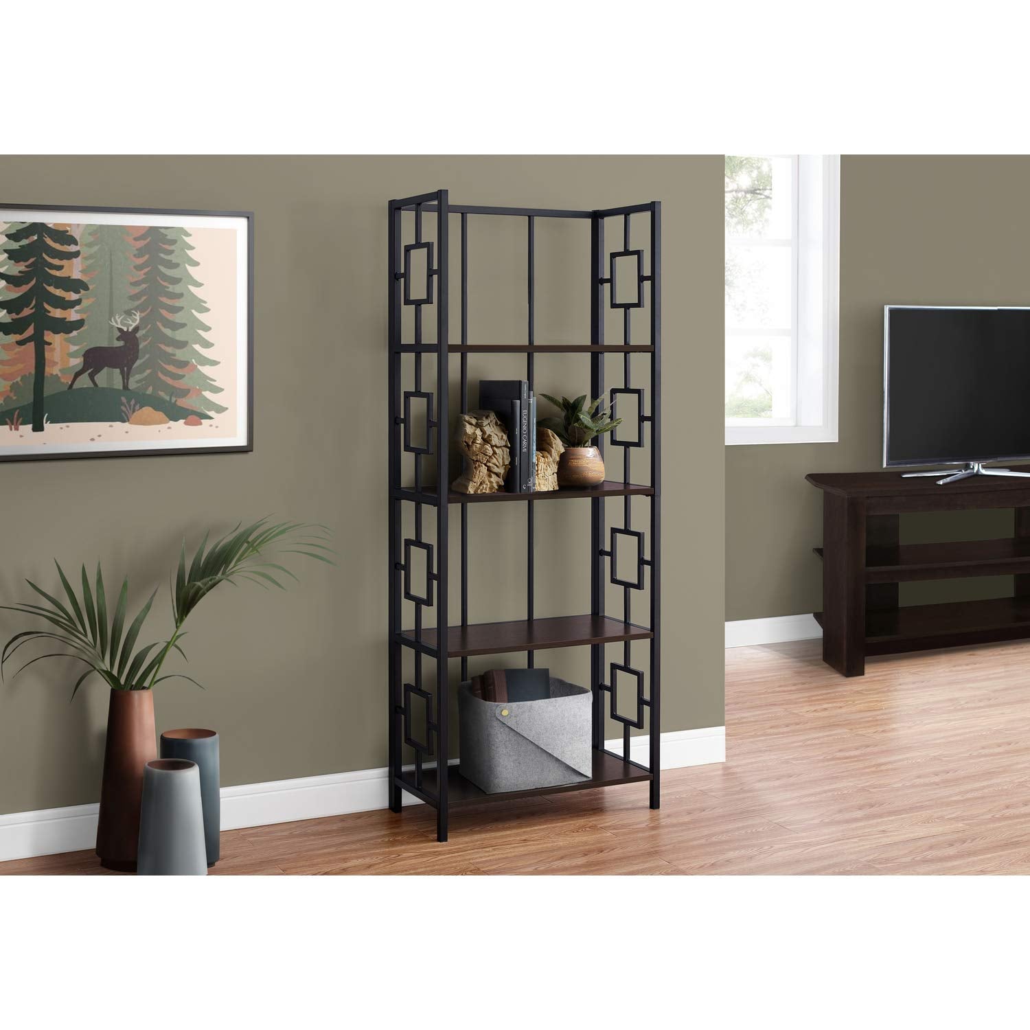 Monarch Specialties I 3617 Bookshelf, Bookcase, Etagere, 4 Tier, 62' H, Office, Bedroom, Metal, Laminate, Brown, Black, Contemporary, Modern