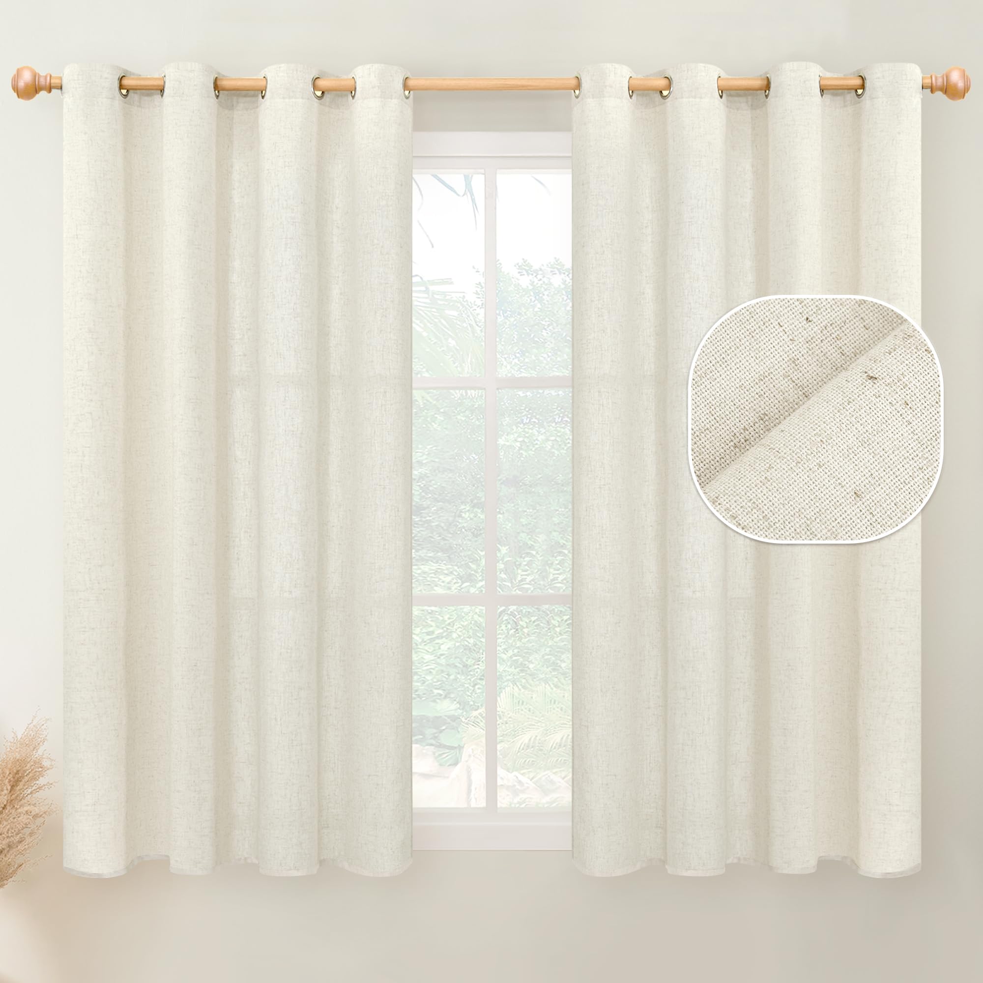 YoungsTex Natural Linen Curtains 45 Inch Length for Short Window Light Filtering Drapes Privacy for Kitchen Bathroom Cafe Office