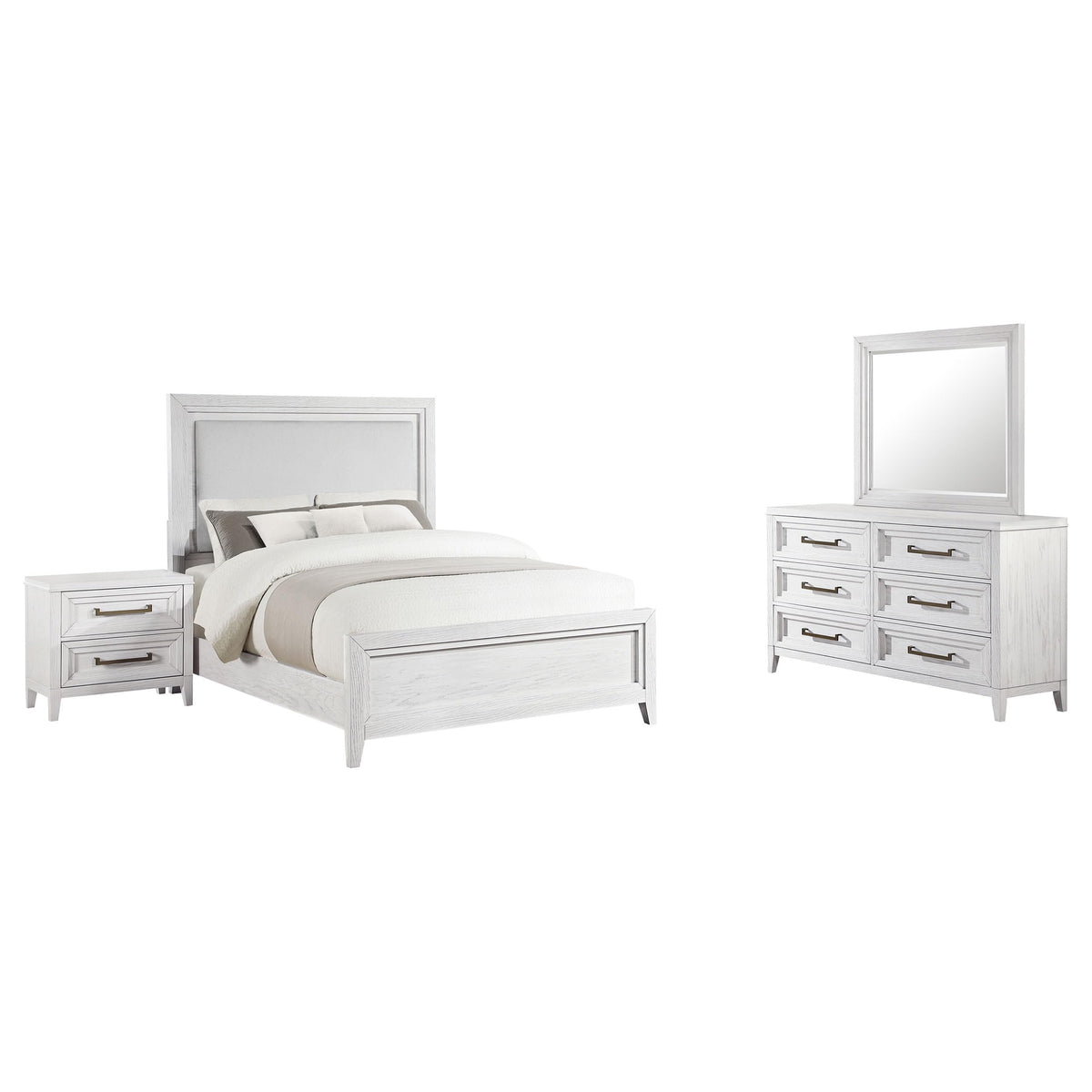 Coaster Home Furnishings Marielle Coastal 4-Piece Bedroom Set Fabric Upholstered Queen Size Panel Bed Frame 64-inch Headboard Distressed White 224841Q-S4