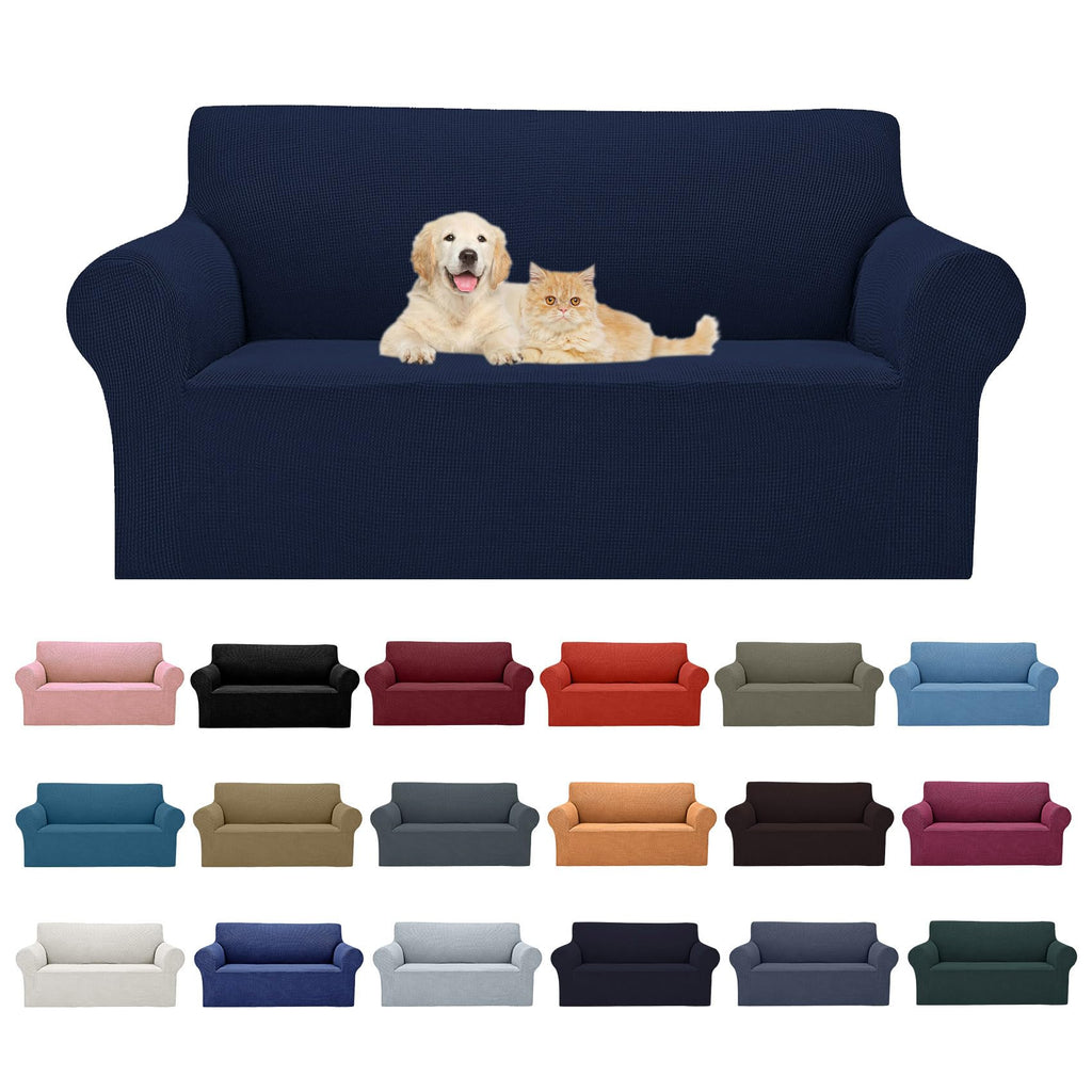 2025 New Stretch Loveseat Sofa Slipcovers Couch Cover For 2 Cushion Furniture Protector Sofa Covers With Elastic Bottom Jacquard Fabric Small Checks For Pets, Kids - Navy
