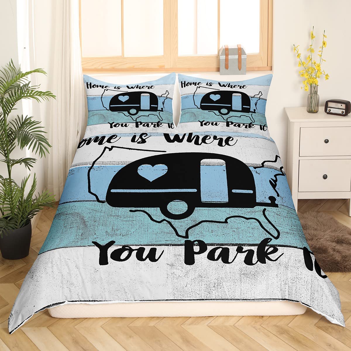 Feelyou Camper Duvet Cover Full Size Happy Camping Comforter Cover Rv Camping Bedding Set American Map Blue Bedspread Cover For