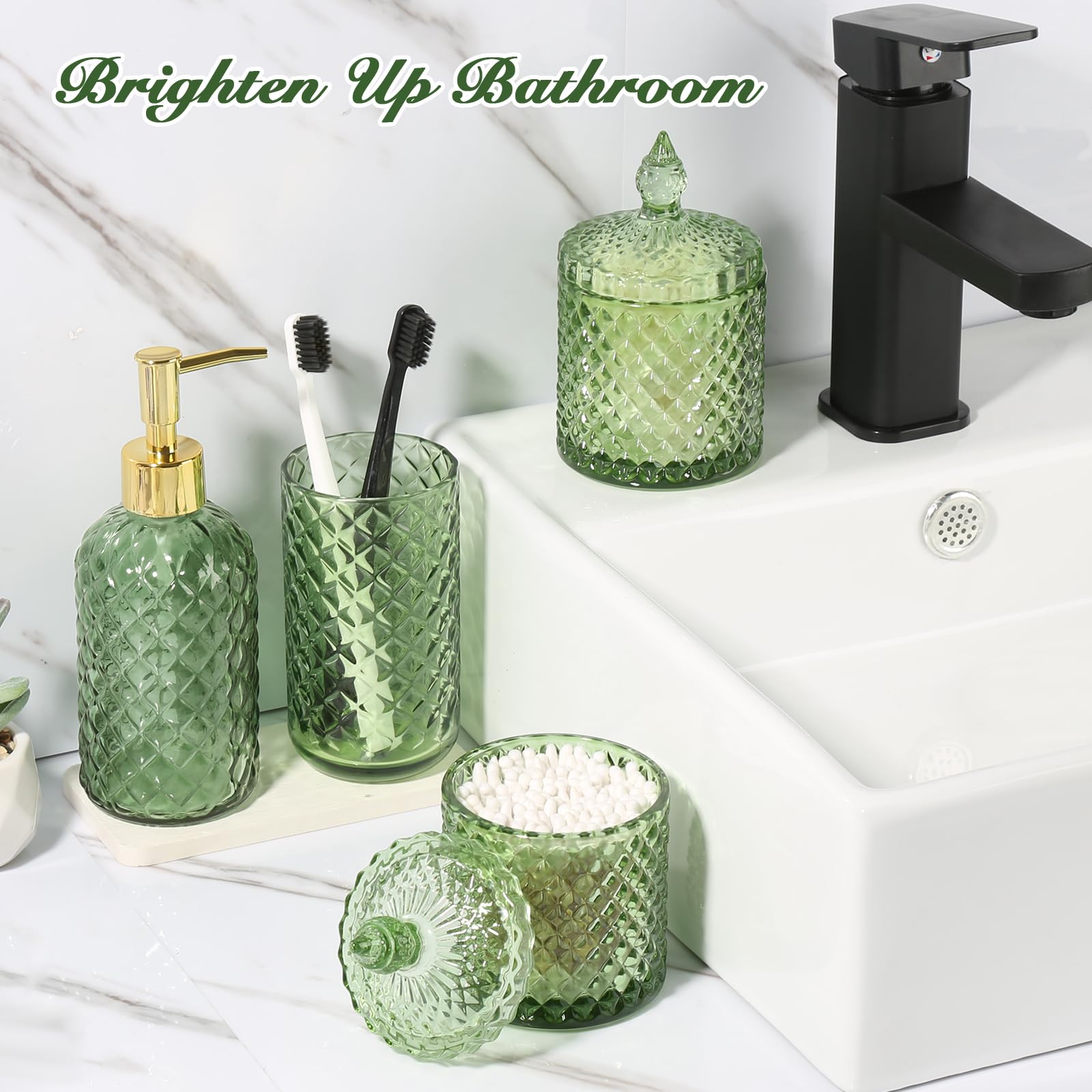 Rytoxilo Green Bathroom Accessories Set, 4 Pack Olive Green Bathroom Decor Accessory Sets Complete, Diamond Glass Soap Dispenser
