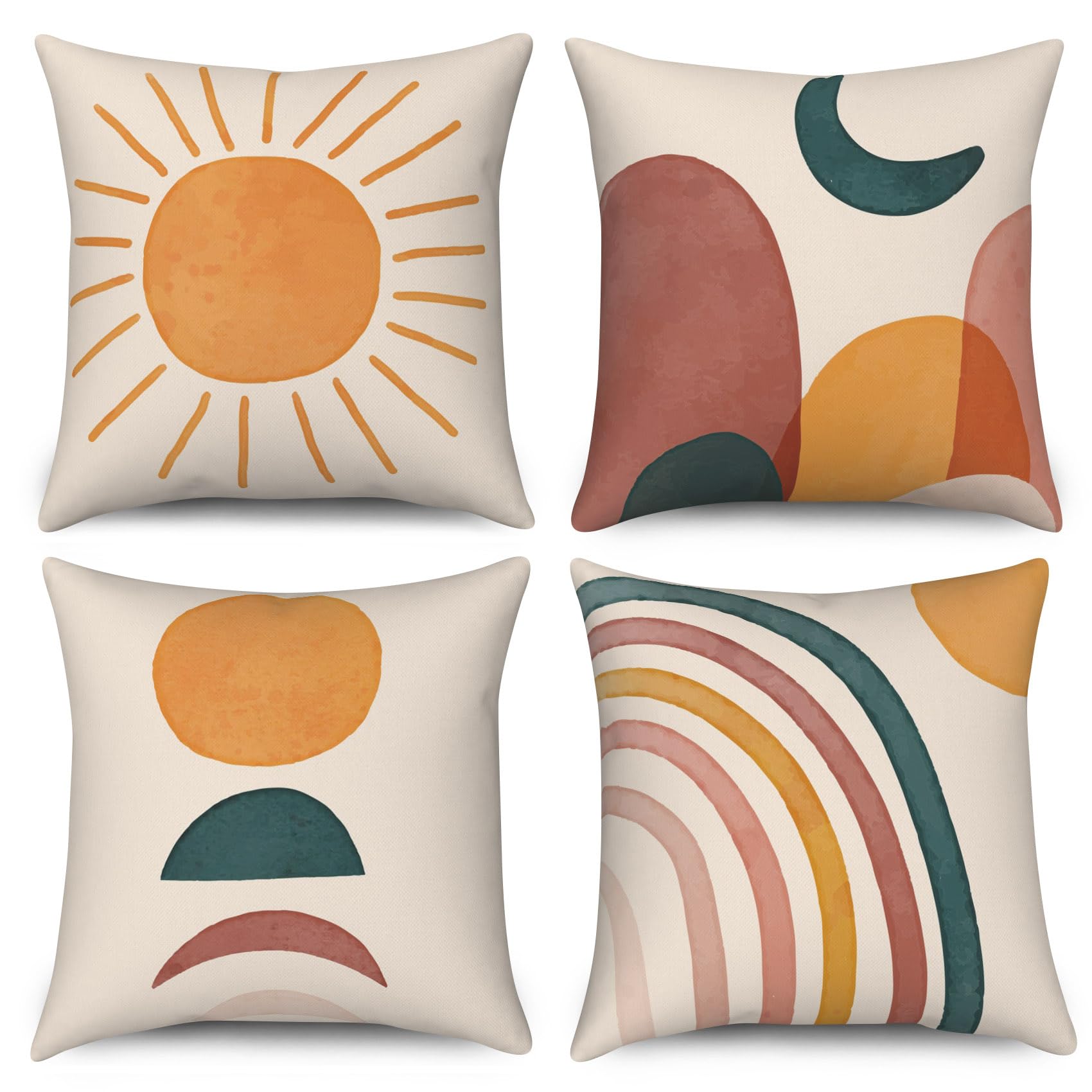 Ruelvth Boho Pillow Covers 16X16 Inch, Abstract Sun And Moon Throw Pillow Covers Vintage Orange Linen Pillow Cases For Sofa Couc