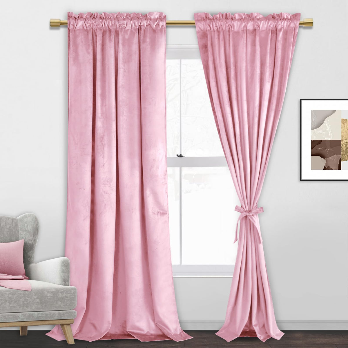 Jiuzhen Pink Velvet Curtains 96 Inches For Living Room - Privacy Protect Room Darkening Rod Pocket Thick Velvet Window Drapes Fo