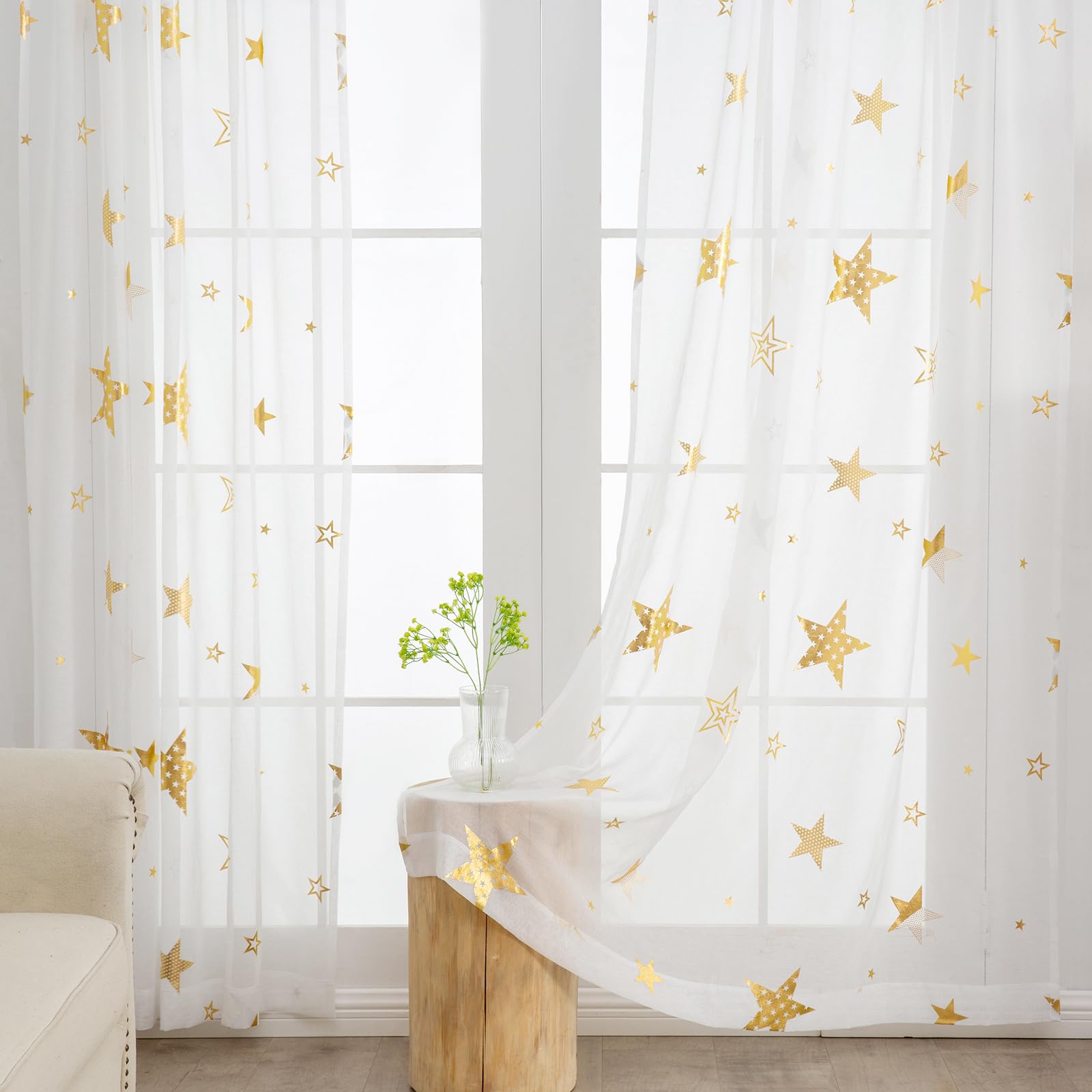 L.Z.E White Sheer Curtains Gold Star Christmas Curtains 72 Inches Long For Bedroom Living Room Kids Room, Rod Pocket Window Curt