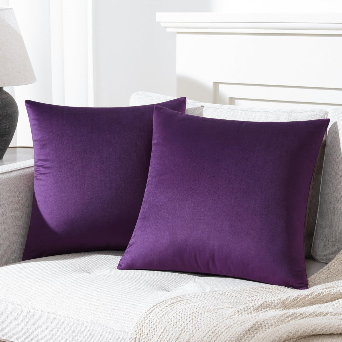 Mixhug Set Of 2 Cozy Velvet Square Decorative Throw Pillow Covers For Couch And Bed, Purple, 18 X 18 Inches