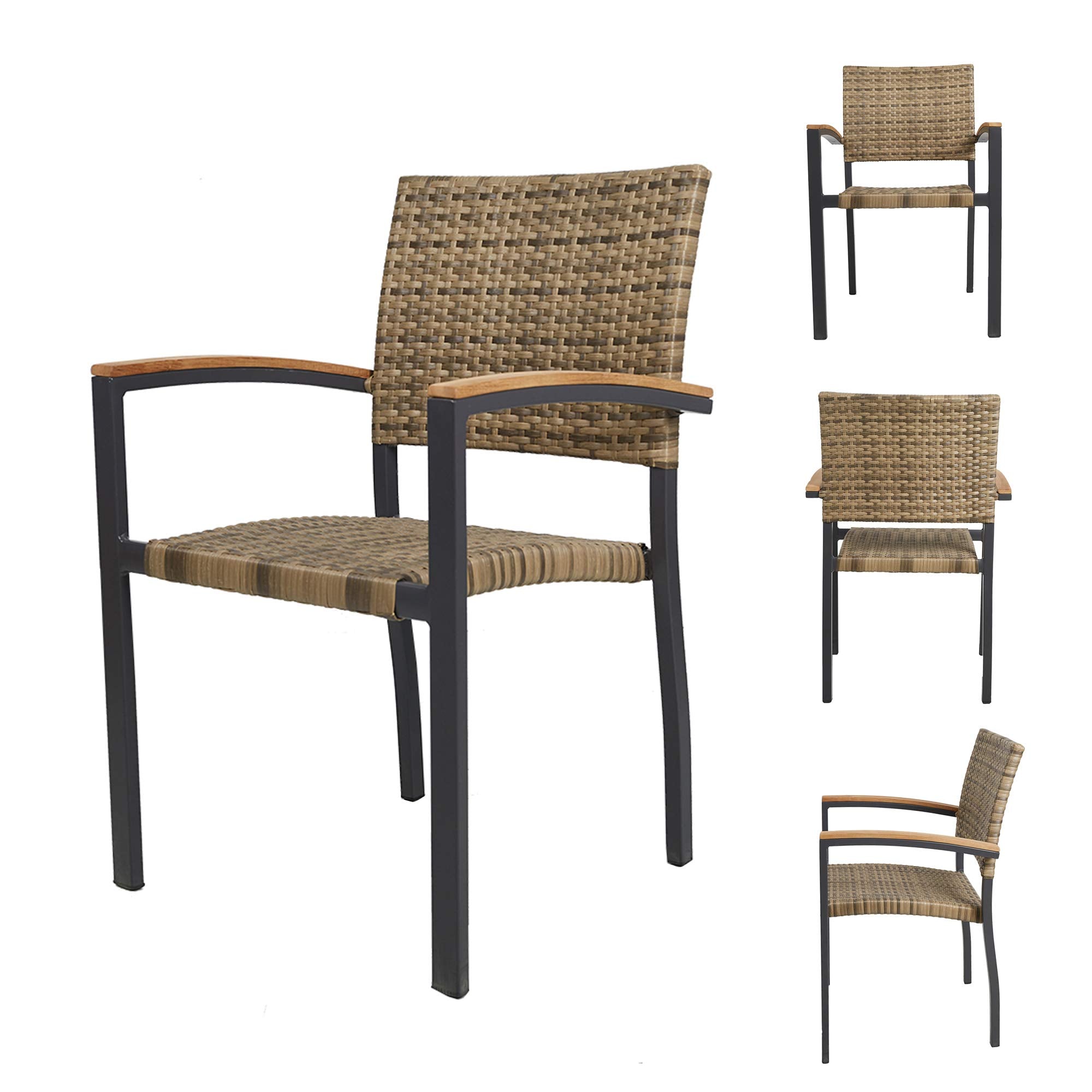 Try & Do Patio Dining Chairs Set Of 4,Outdoor Wicker Stackable Dining Chairs With Wooden Armrest Pe Rattan Aluminum Frame Patio