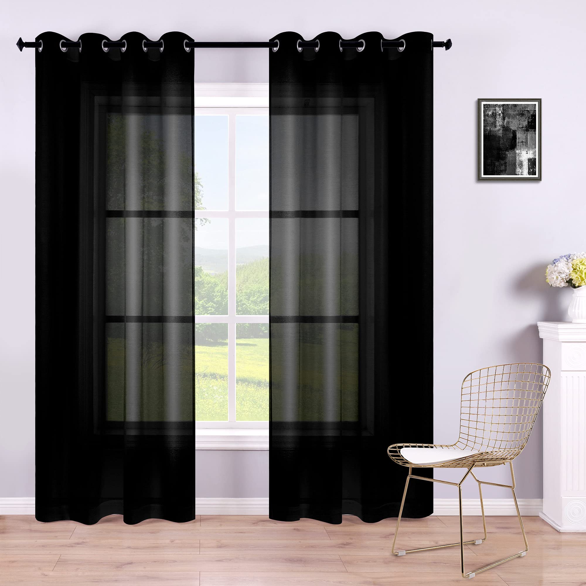 KOUFALL 96 Inch Curtains 2 Panel Set,Black Sheer Drapes 96 Inches Long 2 Panels for Living Room Bedroom,with Grommet